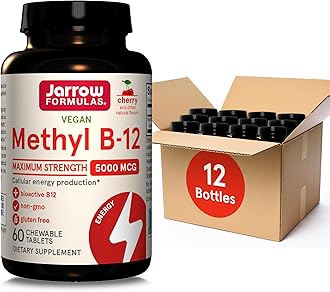 Jarrow FormulasMaximum Strength Methyl B-12 5000 mcg, Dietary Supplement for Cellular Energy Production and Brain Health Support, 60 Cherry-Flavored Chewable Tablets, 60 Day Supply, Pack of 12