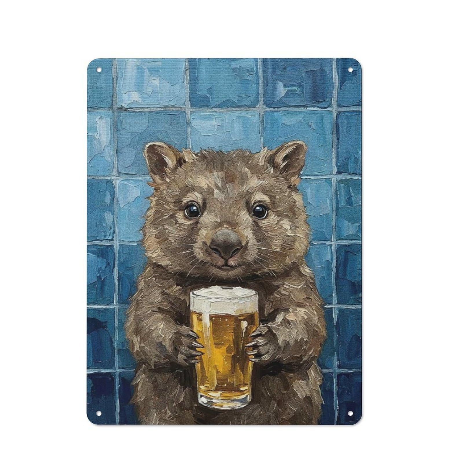 Junmoney Style-5 Wombat With Beer Painting Decorative Tin Sign 40X30cm, Country Country Wall Plaque For Dining Room, Cafe, Entryway Or Family Room