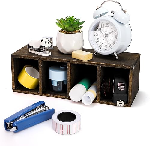 Miniatura 5 de Dicunoy Paquete de 2 portalápices de madera para escritorio, organizador de mesa retro con 4 compartimentos para suministros de arte, bolígrafos,