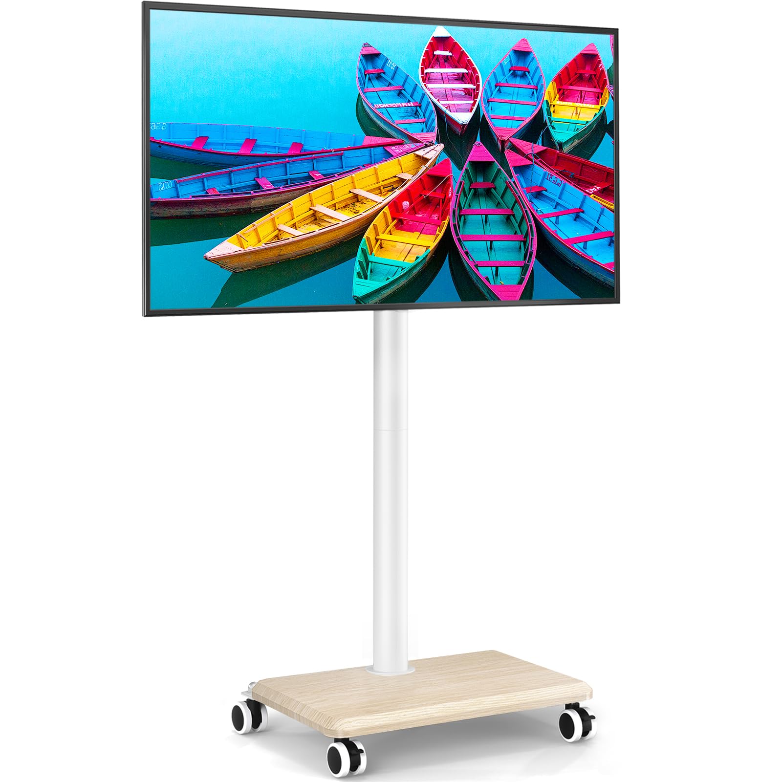 Rolling TV Stand for 32 to 55 60 Inch TVs up to 88lbs, Height Adjustable Mobile TV Stand with Wood Base, Space-Saving Design Tall TV Cart Floor Stands for Living Room, Bedroom, Corner (White)