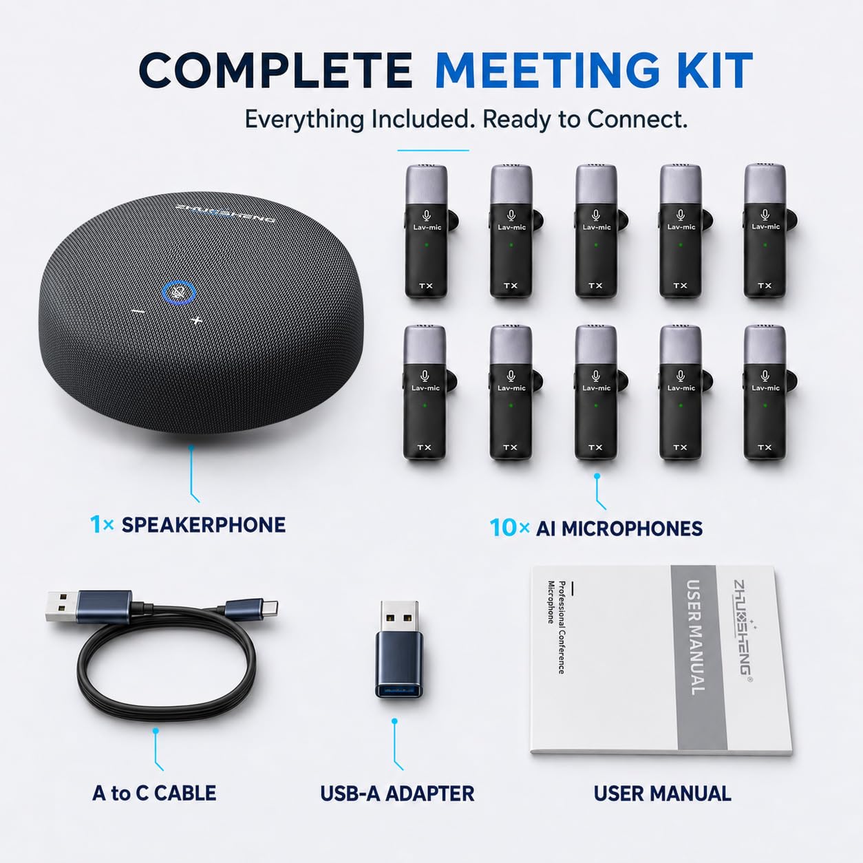 Altoparlante e microfono per conferenze, vivavoce USB con 10 microfoni, pickup a 360° e riduzione del rumore, microfono omnidirezionale portatile per sala conferenze per 10 compatibile con