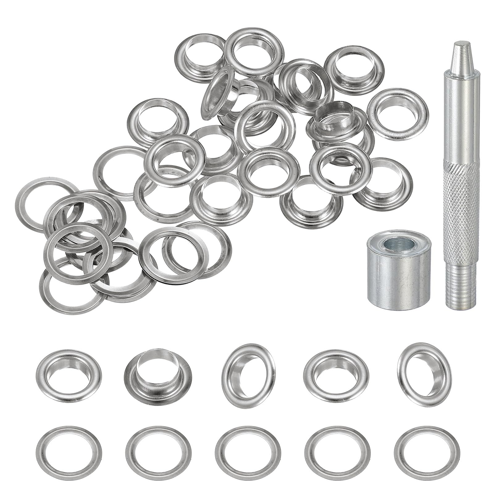 sourcing map 20Set Grommets Eyelets 8mm Copper Eyelets Kit with Washers & Setting Tool for Fabric Curtain Tarps Leather Belt Shoes Bag DIY, Silver
