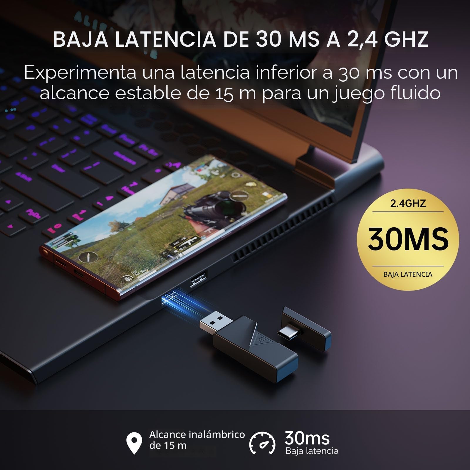EKSA Cascos Gaming Inalámbricos para PC/Ps5/Ps4, Auriculares Gaming Inalámbricos con 2,4 GHz+BT 5,3 Modo Dual, Sonido Estéreo Cascos con Microfono, Cascos con Luz RGB, Duración 80Hr+