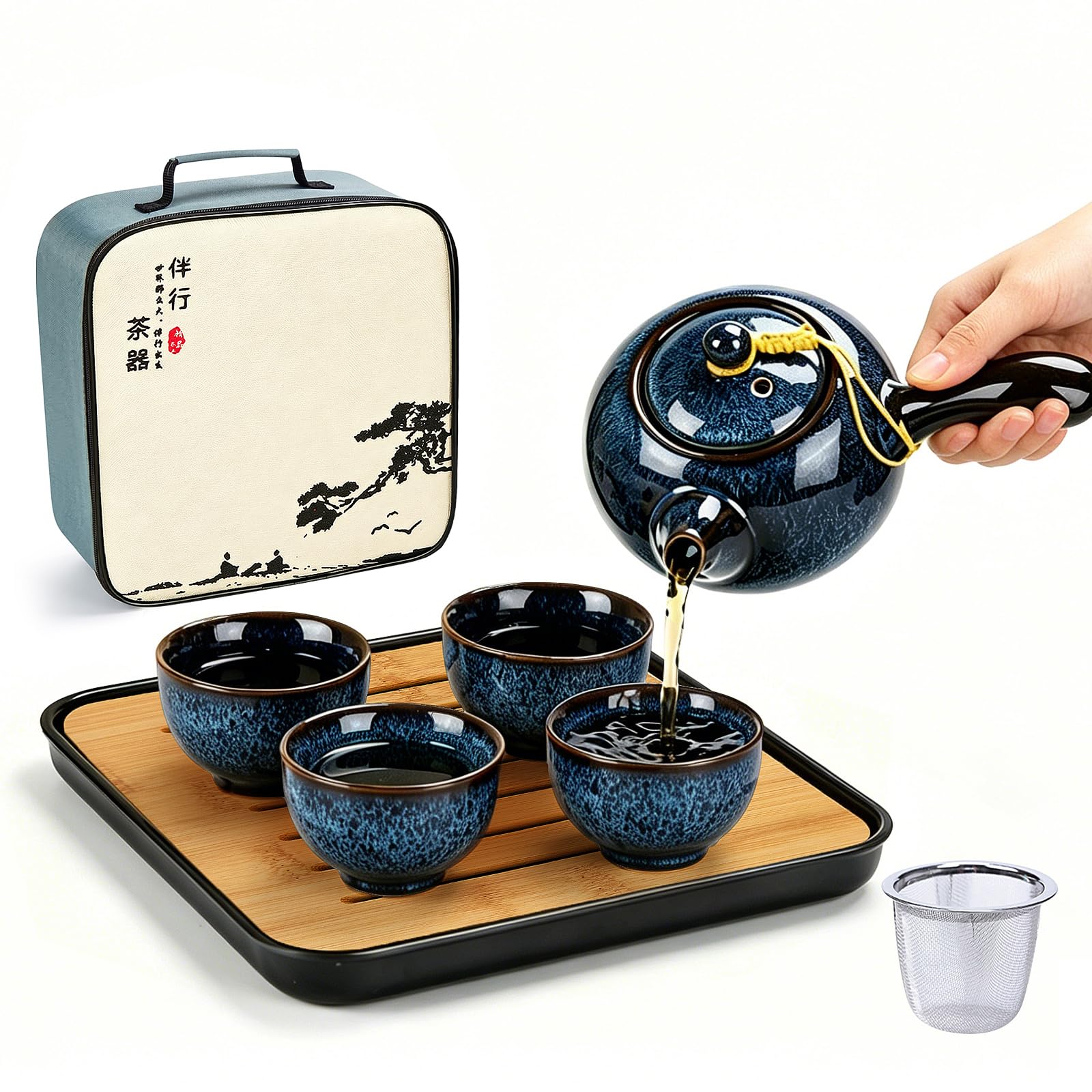 DUJUST Chinesische Gongfu-Teeset, glasierte Porzellan-Set mit 1 Teekanne, 4 Tassen & 1 Teetablett, tragbar mit Tasche für Reisen, Geschenke & Outdoor, dunkelblau