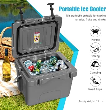 COSTWAY 16 Quart Cooler, 24 Can Insulated Ice Chest Box with Heavy Duty Handle and 2 Cup Holders, 3-5 Days Ice Retention, Portable Leakproof Hard Cooler for Camping, Fishing, Picnic, Outdoor