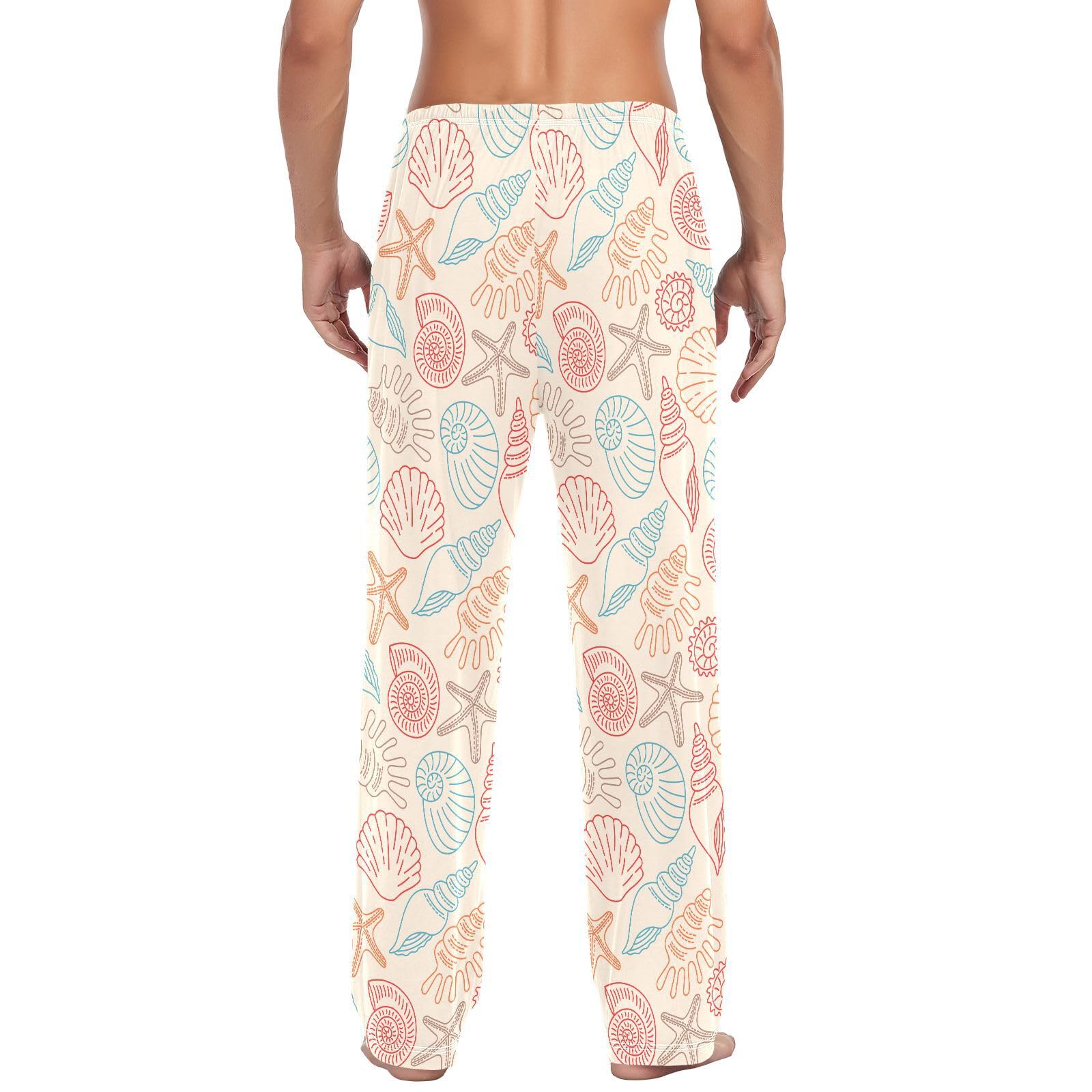 Pyjamahose für Herren, Motiv: Doodle Seashells, Sea Life Herren-Pyjamahose, 100 % Baumwolle, Schlafhose, gerade Passform, Pyjamahose mit Taschen, Kordelzug, Größe L, mehrfarbig, L