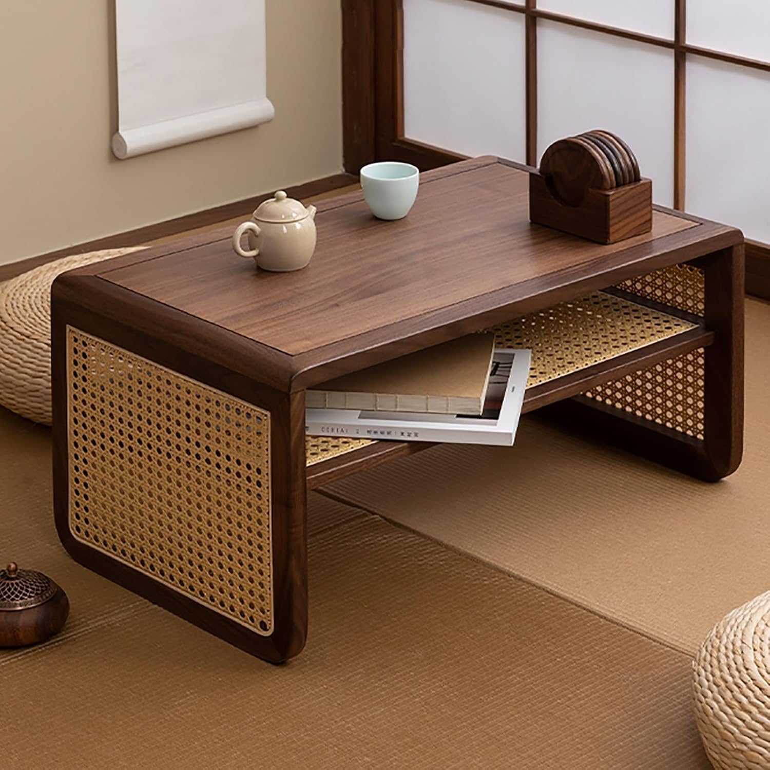 Dews Furniture Cane Centre Table for Home - Wooden Coffee Table with Rattan Work - Pure Sheesham Wood - Tea Table for Living Room with Open Shelf Storage (Walnut Finish)-image-35