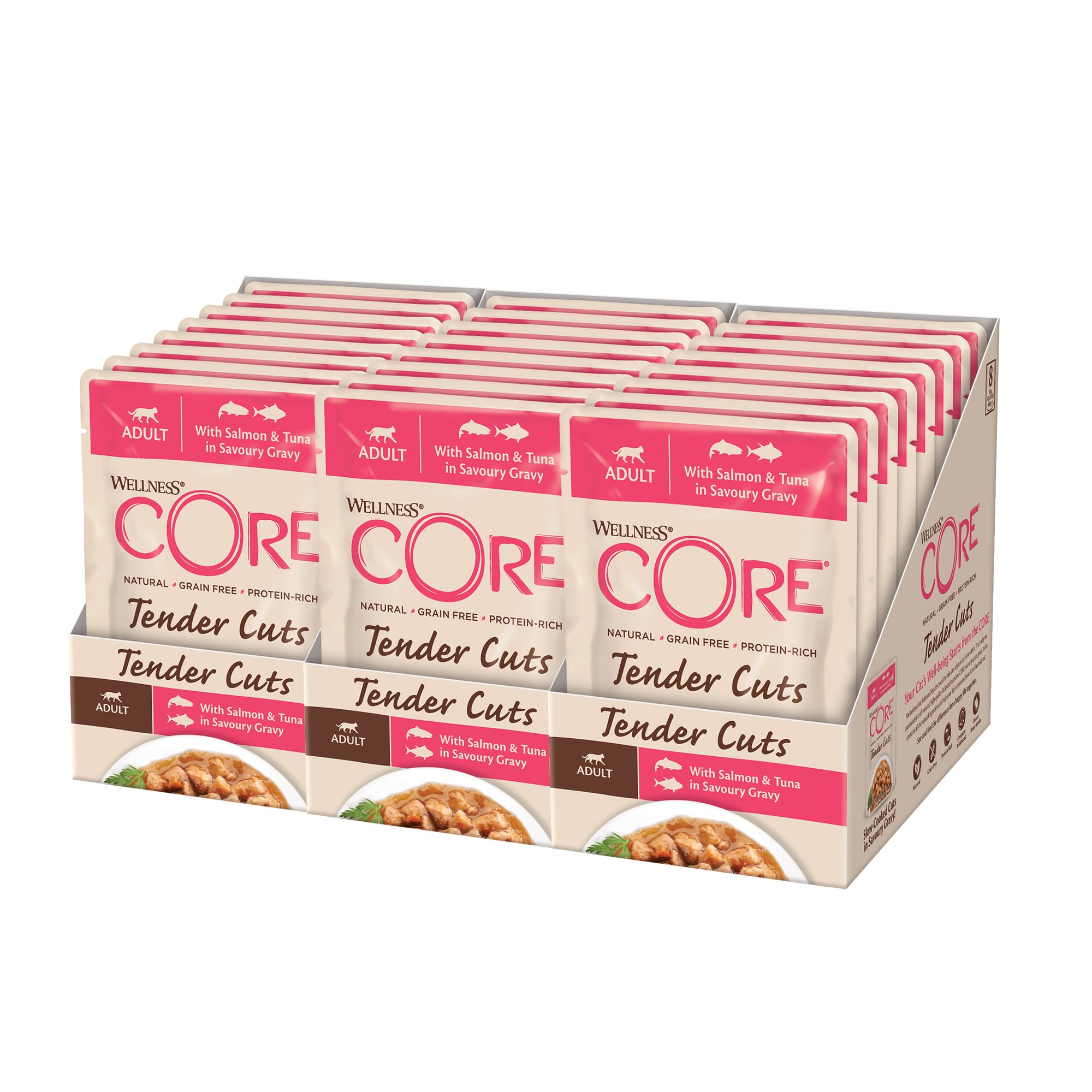 Wellness CORE Tender Cuts, zalm & tonijn, 24 x 85g, natvoer voor katten met zachte stukjes in heerlijke jus, natuurlijk & graanvrij nat kattenvoer - 24 x 85g