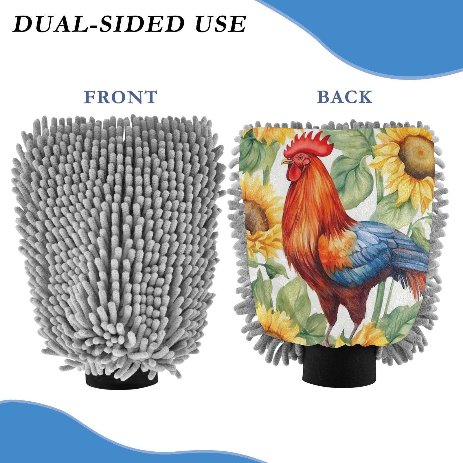 Flradish 2 Pack Roosters and Sunflowers Car Wash Mitt Chenille Microfiber Lint-Free Scratch Free Ultra-Soft Absorbent Car Wash Mitt 11.8x8.07 Inch