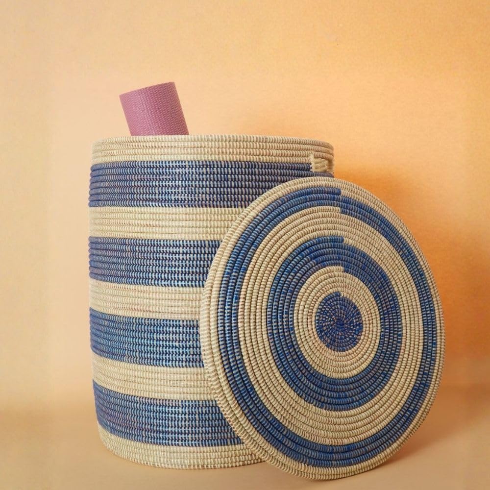 Storage Basket with Lid, Medium Size, Blue Stripes Pattern, 20" Tall, 18" Wide