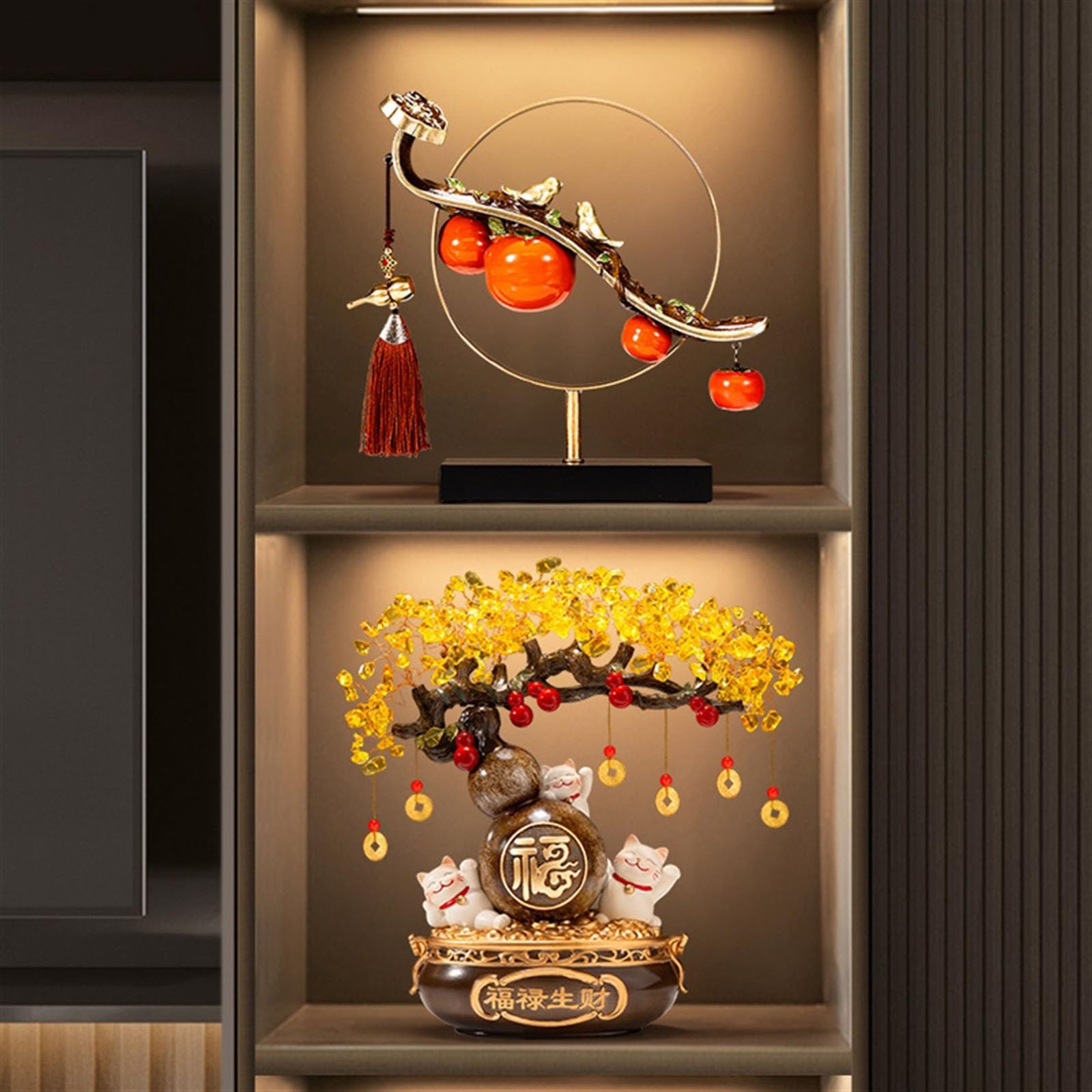 Albero di Cristallo Decorazione Feng Shui dell'albero dei Soldi di Cristallo Bonsai di Zucca Gatto Fortunato for ricchezza e prosperità Albero di Cristallo Decorazione Feng Shui(Orange)