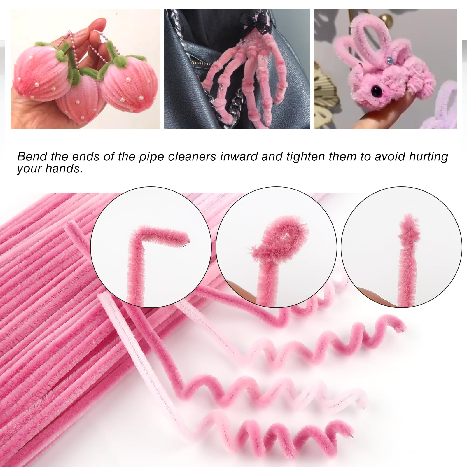 TOAOB 100pcs Chenille Wire Rods for Cure Pipes Cleaner Gradient Light Pink 6 mm x 300 mm with 10 Pcs Latex Finger Cots for DIY Crafts and Decoration - Image 3