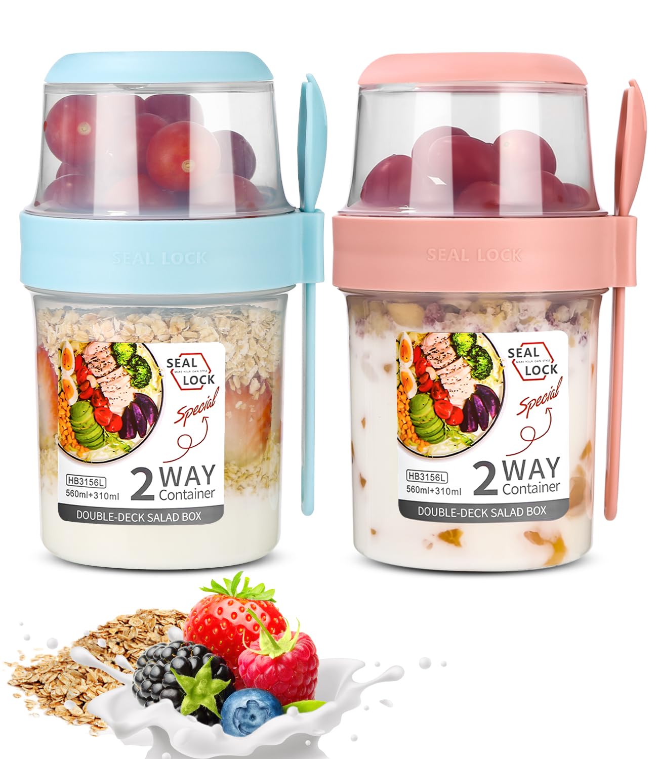 2 stuks mueslibekers to go, yoghurtbekers voor onderweg met lepel, yoghurt to go, dubbellaagse lekvrije yoghurtbeker, slabeker, mueslibeker voor werk, school, reizen (230 ml 560 ml) (Blauw Wit