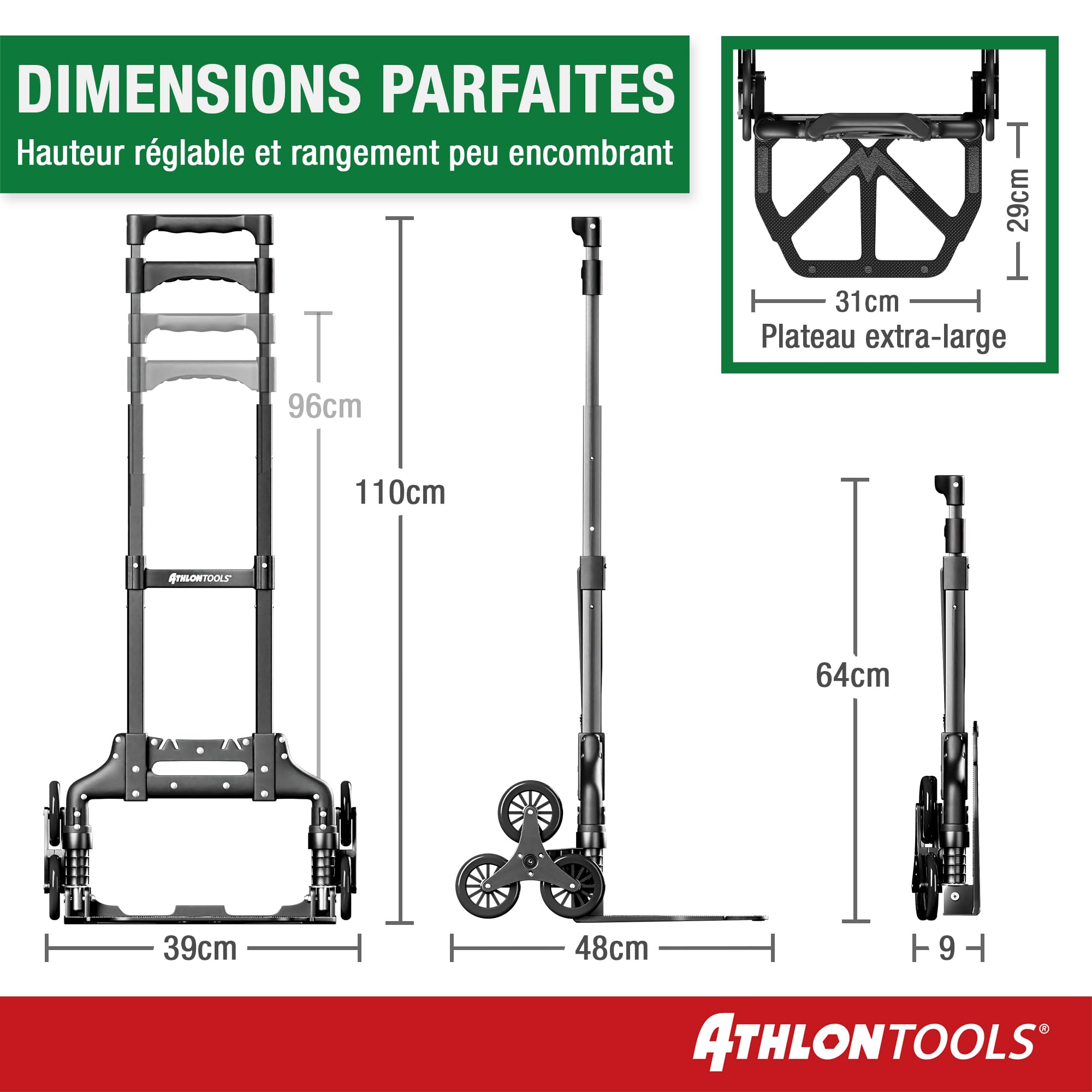 ATHLON TOOLS Diable Pliable en Aluminium avec Patins antidérapants TÜV GS-certifié- Roues avec Surface de roulement Douce - avec 2 Cordes d'expansion - modèle 2025