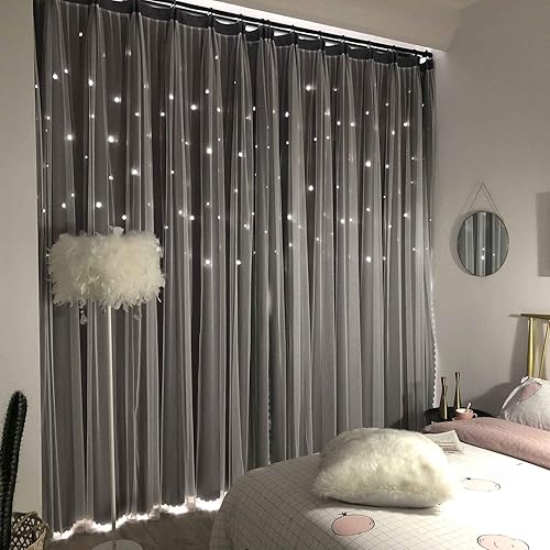 UNISTAR - Cortinas blackout decorativas de doble capa y cortes en estrella para habitación de niñas, bebés, niños, sala, 2 paneles de cortinas para