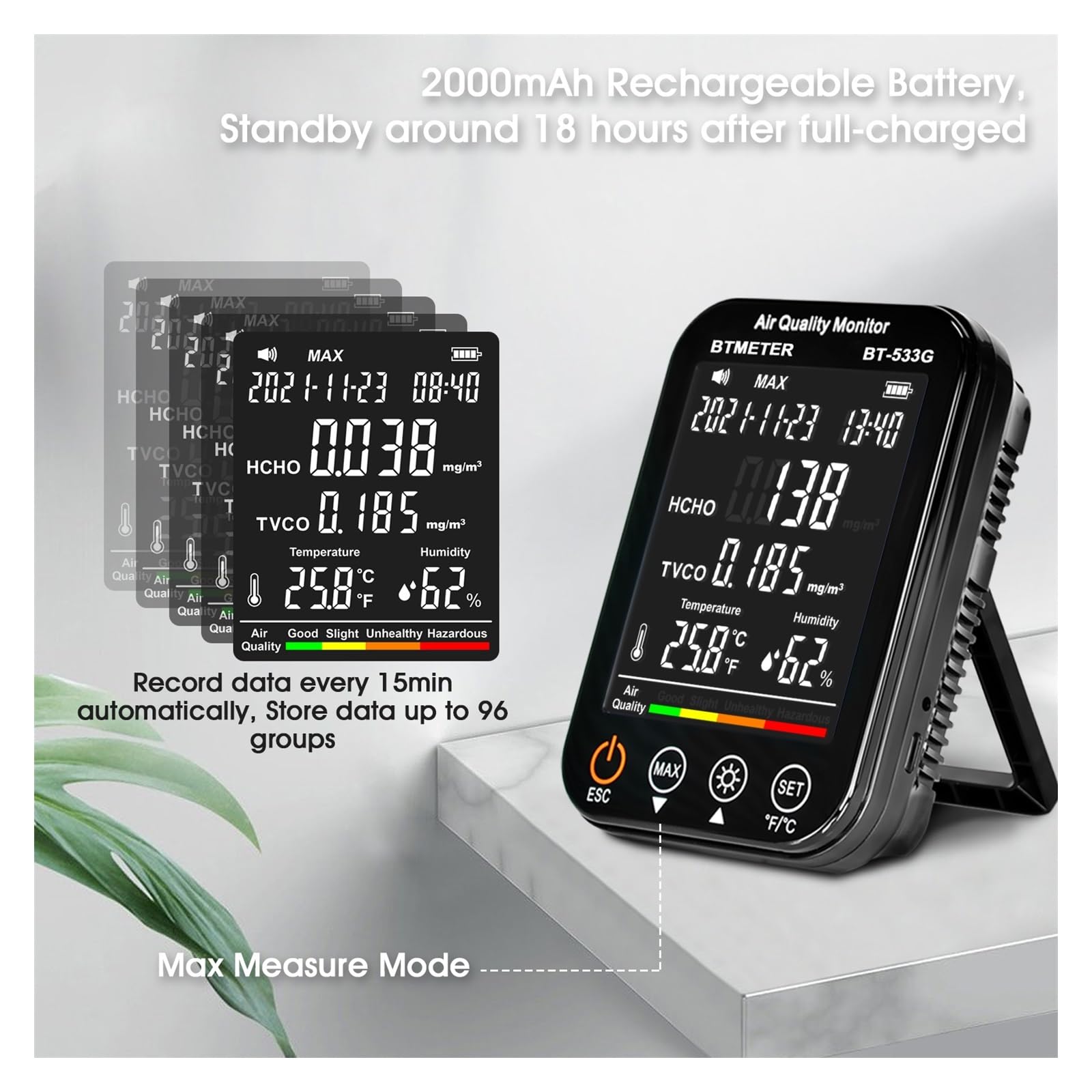 Moniteur de qualité de l'air intérieur BT-533G 4 en 1 détecteur de formaldéhyde HCHO/TVOC testeur précis