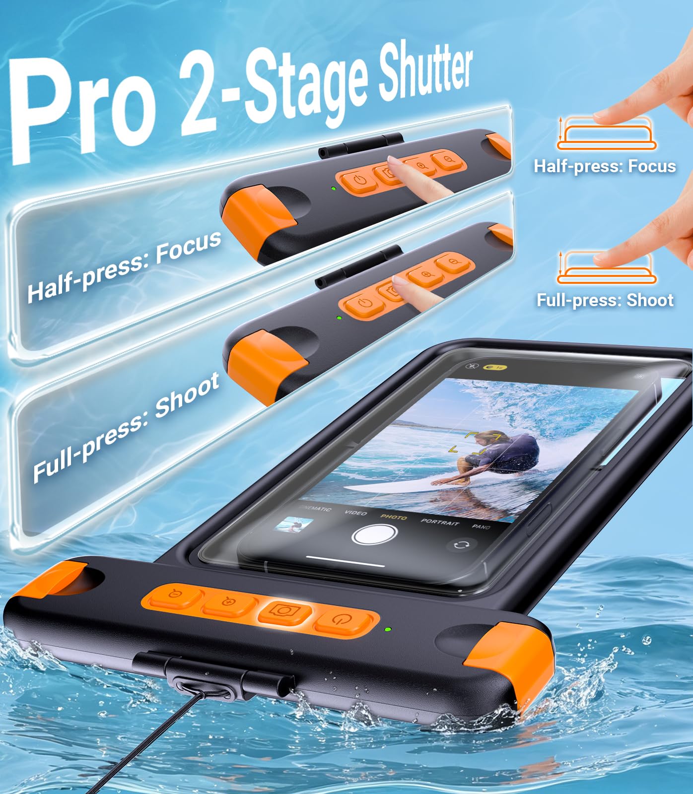 Custodia universale impermeabile IP68 con maniglia per otturatore, fotografia subacquea senza lag, per snorkeling e immersioni, adatta a telefoni da 8,5 pollici (iPhone 17 Pro Max, Galaxy S26