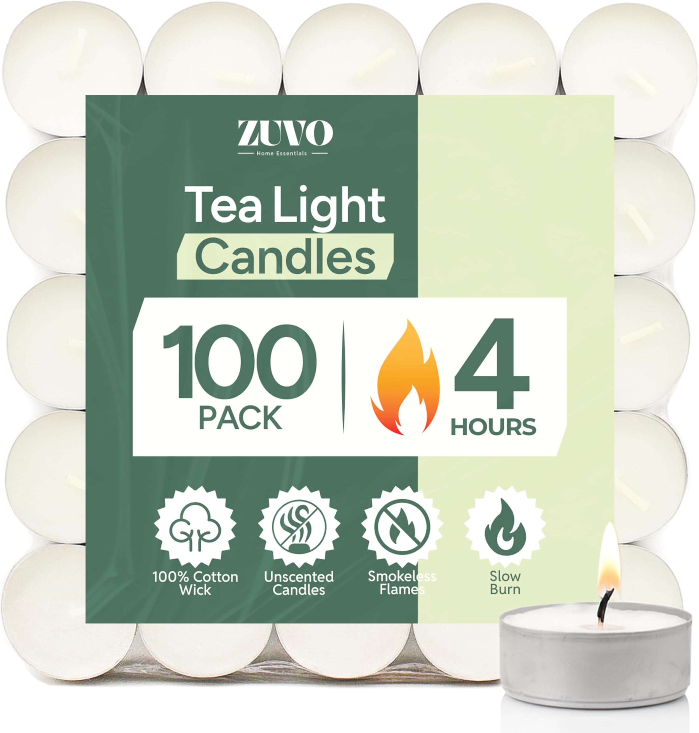 4-Hour Unscented Tea Light Candles (100-Pack) - Long-Lasting with Cotton Wicks, Clean Burning, 3.8 × 1.3 cm, White