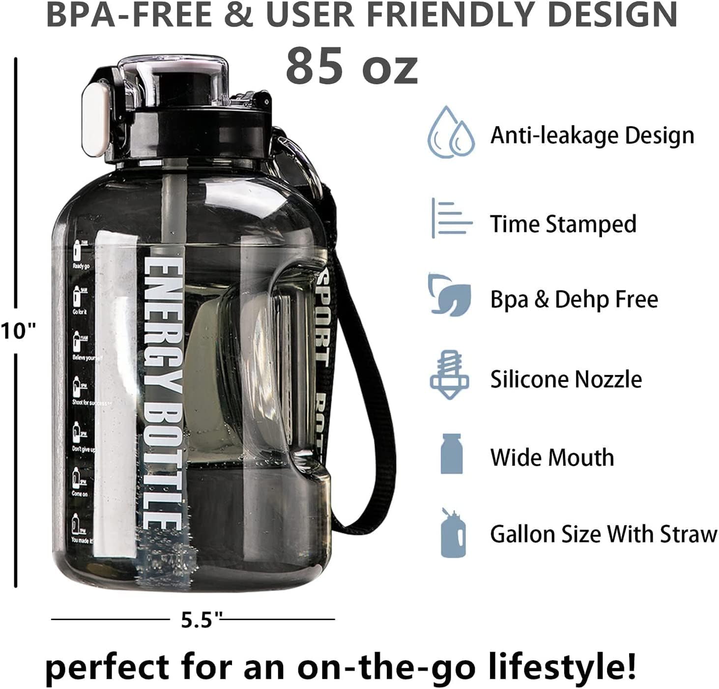 85 Oz/Half Gallon Water Bottle, Motivational Time Marked BPA Free, Leak Proof, 2.5 Liter Sports Large Capacity Bottle (Black) (85OZ/2.5L Water Bottle)