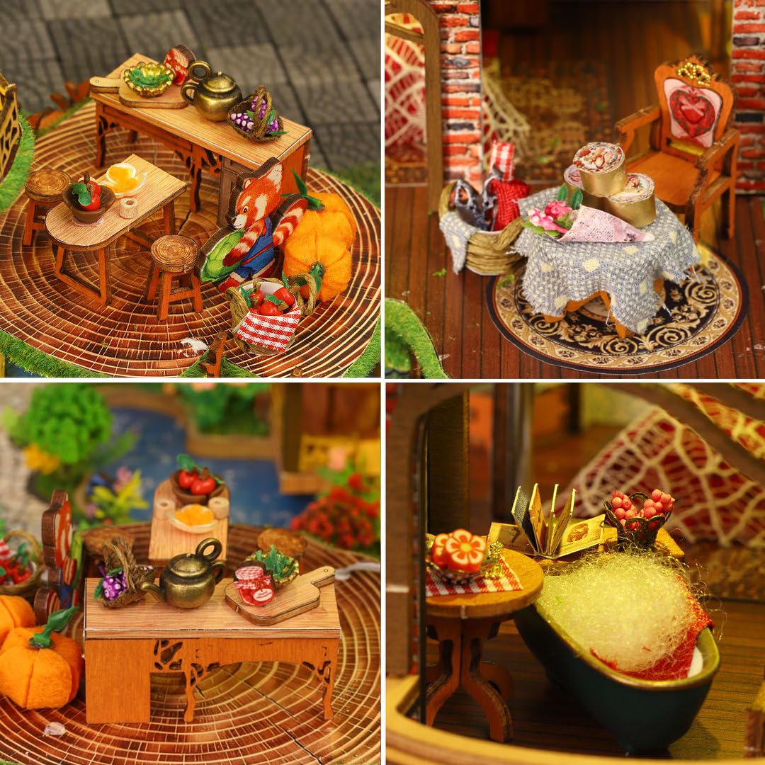Casa de muñecas DIY en miniatura casa de madera con iluminación LED, tema del castillo del bosque, música, rompecabezas de madera 3D estantería (con tapa antipolvo)
