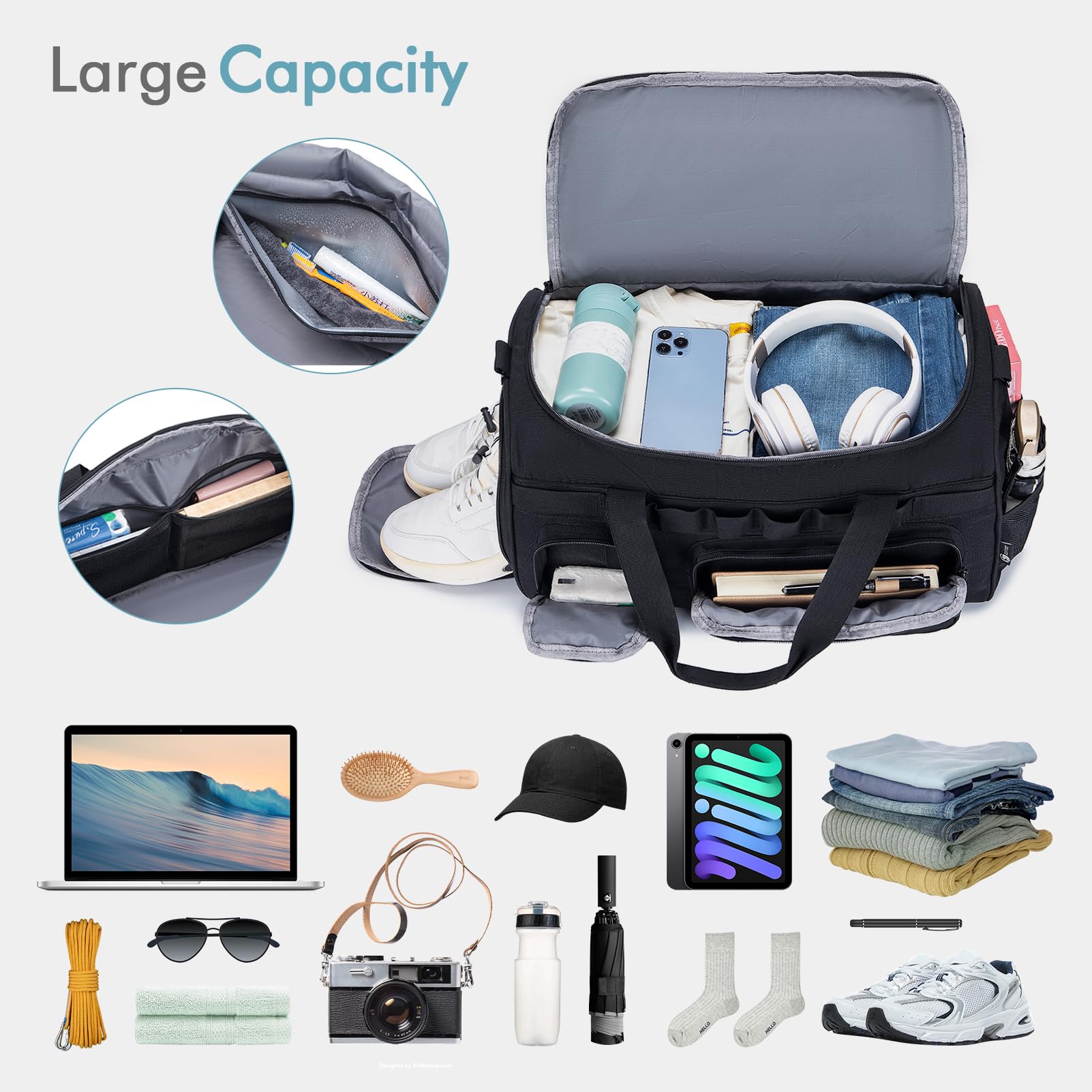 BAGZY Taktischer Reisetasche Sporttasche Herren mit Schuhfach Gym Tasche Rucksack 40L Trainingstasche Herren Für Arbeits Reise Sport Fitness Weekender Zelten mit Taktische Kulturtasche Schwarz