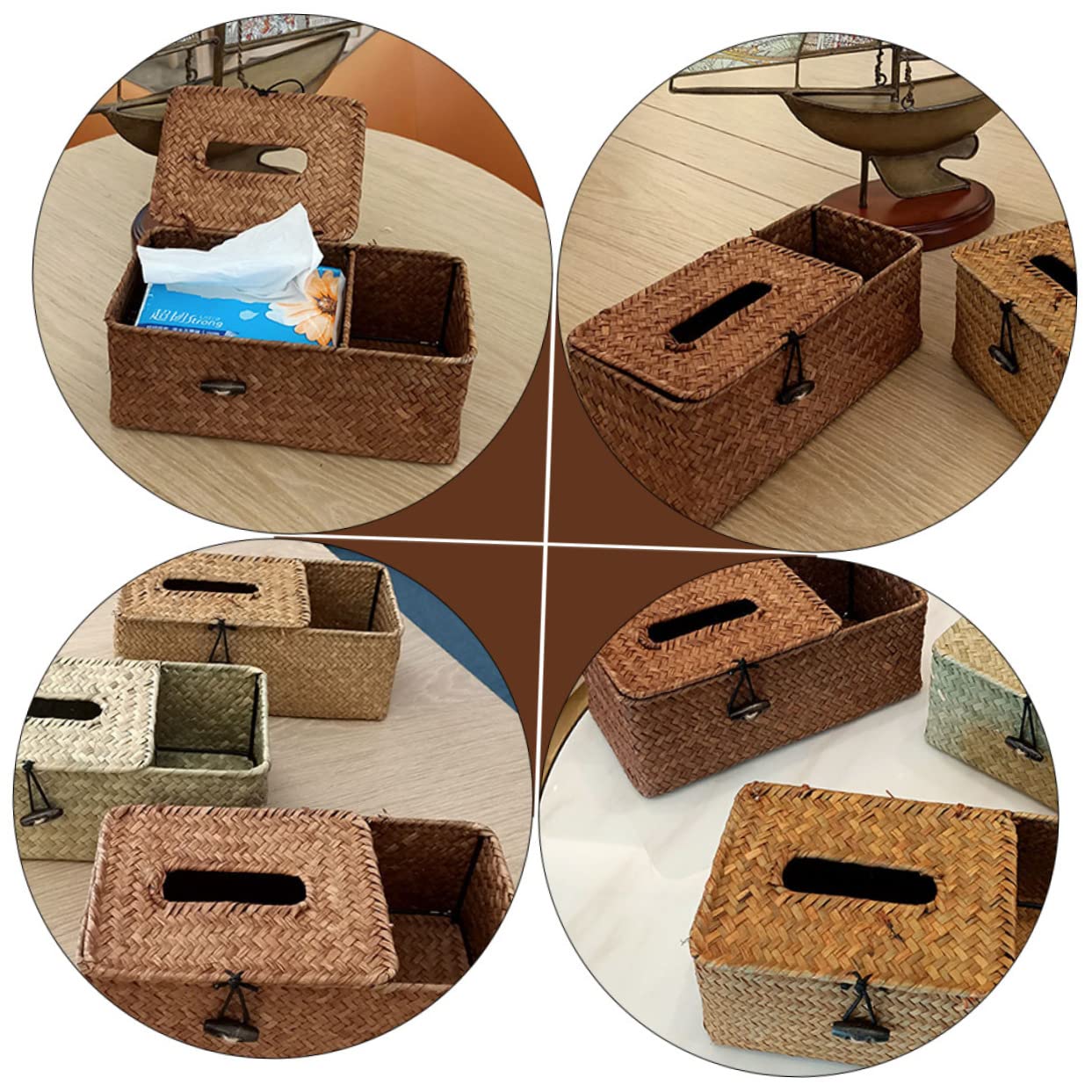 Caja Organizadora Algas Marinas Tejida con Tapa Compartimento para Almacenaje de Pañuelos y Mando Distancia Organizador de Escritorio Multifuncional para Hogar