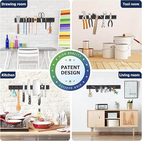 Miniatura 5 de Dmore magnetic knife holder for wall—with 3 hooks, No Drilling 16 Inch black knife magnetic strip, Powerful knife magnet rack, include Adhesive Tape