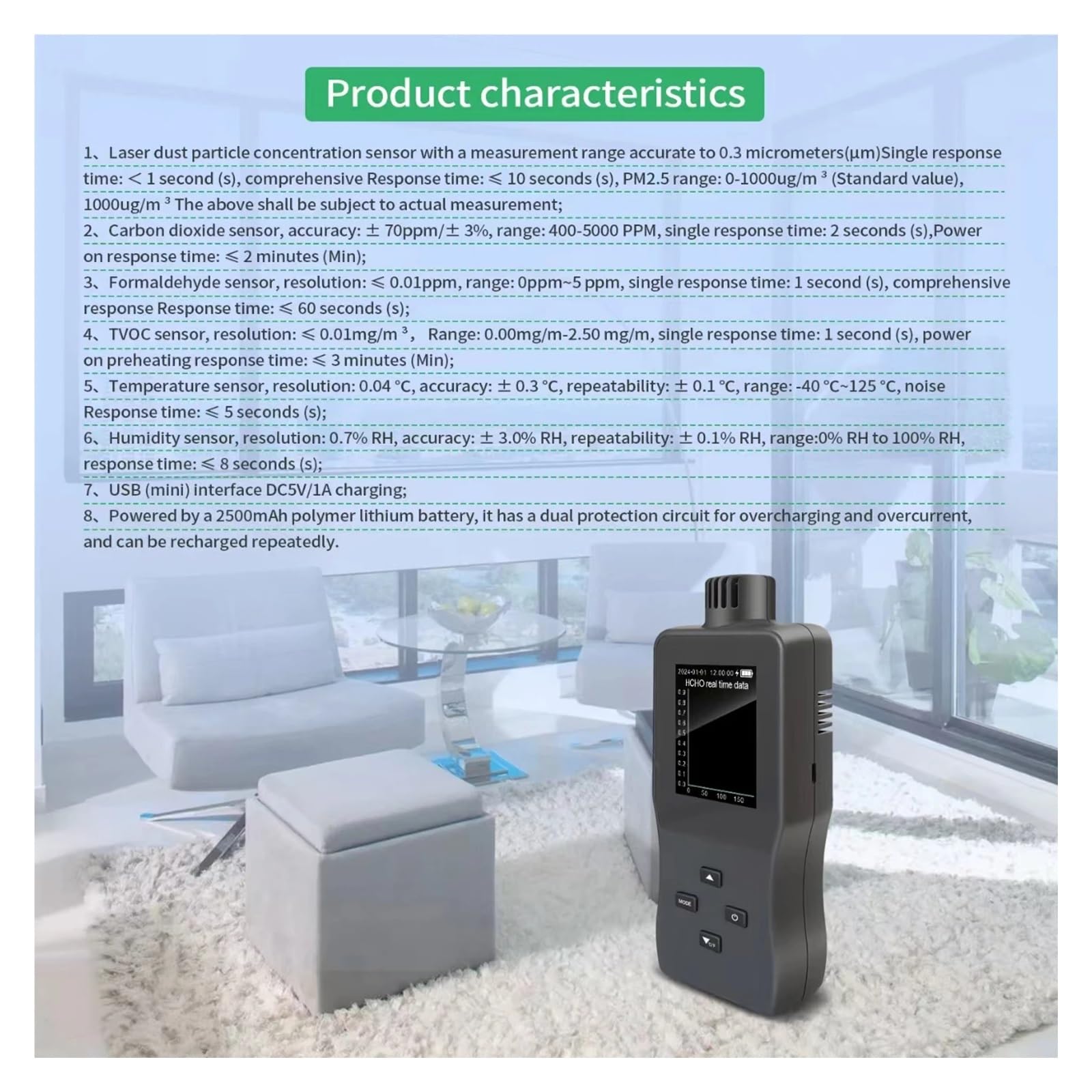 Miernik jakości powietrza LCD CO₂ Miernik HCHO/TVOC/PM2.5/Temp/Wilgotność Monitor jakości powietrza Detektor Inteligentny analizator gazu formaldehydowego Odczyt w czasie rzeczywistym