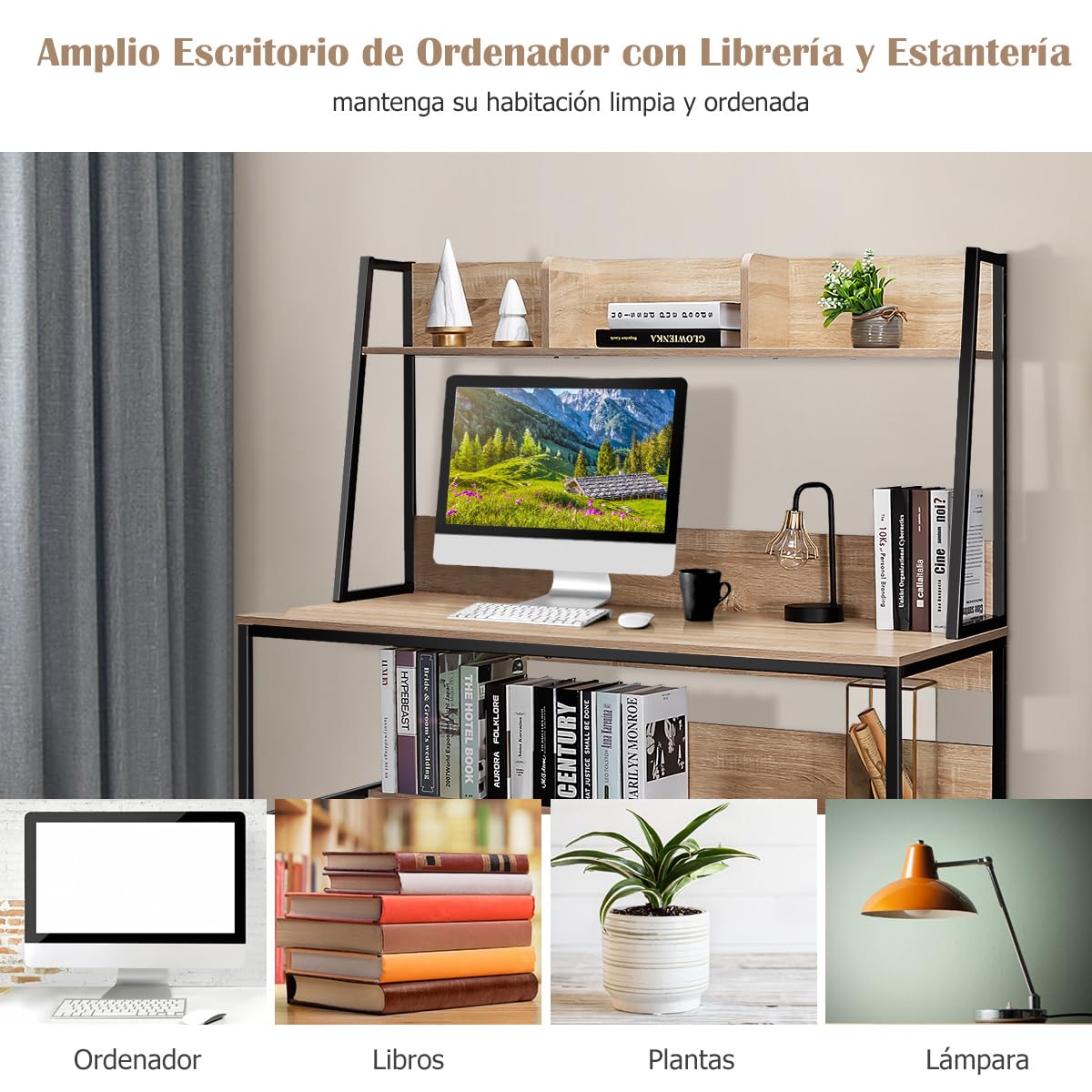 COSTWAY Escritorio para Computadora con Aparador y Estantería, Mesa de Estudio con 3 Cubos de Almacenamiento y Librería Abierta, Mesa Ordenador Que Ahorra Espacio (Natural)
