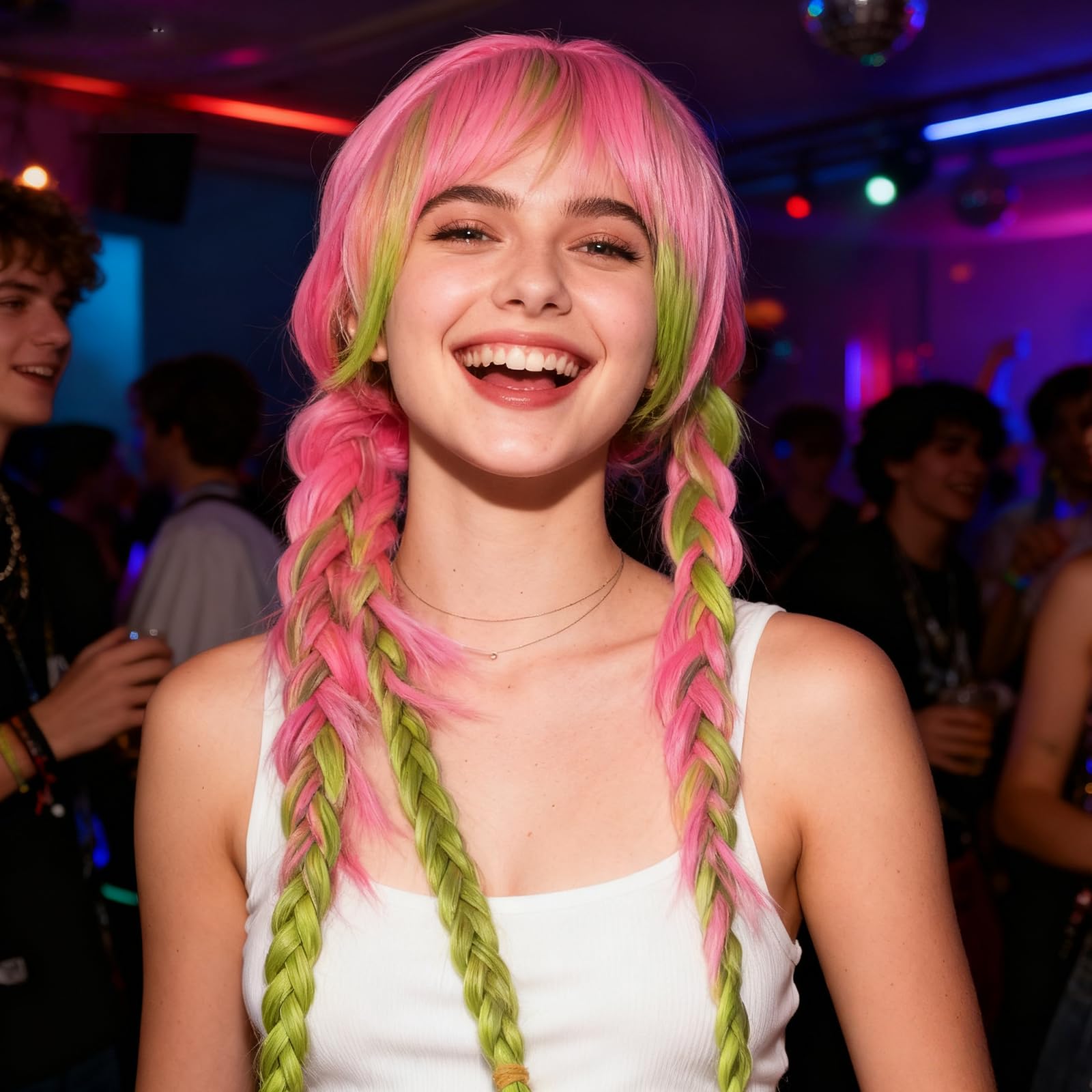 Pink Green Wigs for Women with Wig Cap, Layered Natural Synthetic Wig Costume Gradient Braids Hair Pigtails Anime Cosplay Full Head Wigs for Halloween Christmas Party Carnival - Image 3