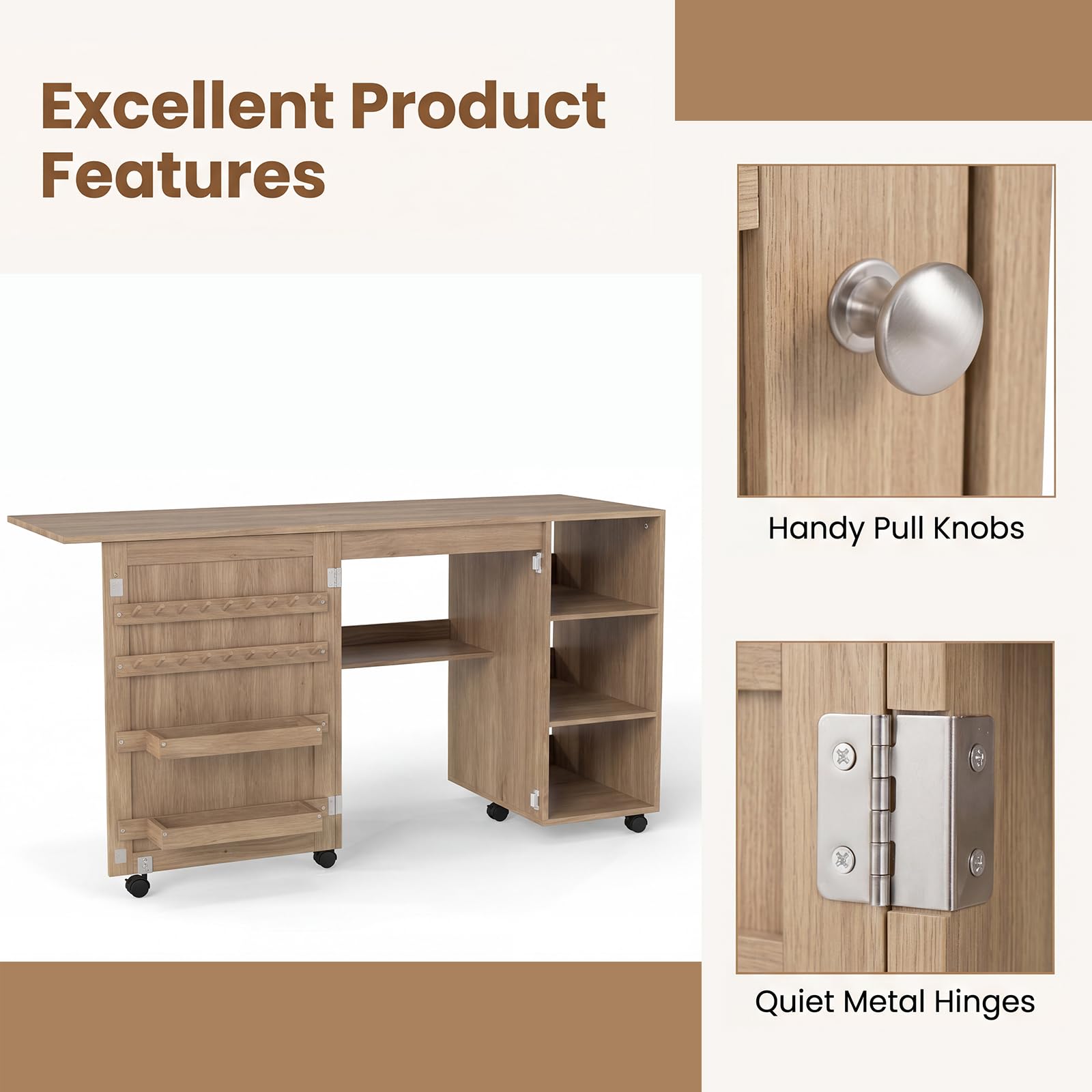 KOMFOTTEU Table de Couture Pliable, roulettes avec Freins (Marron)