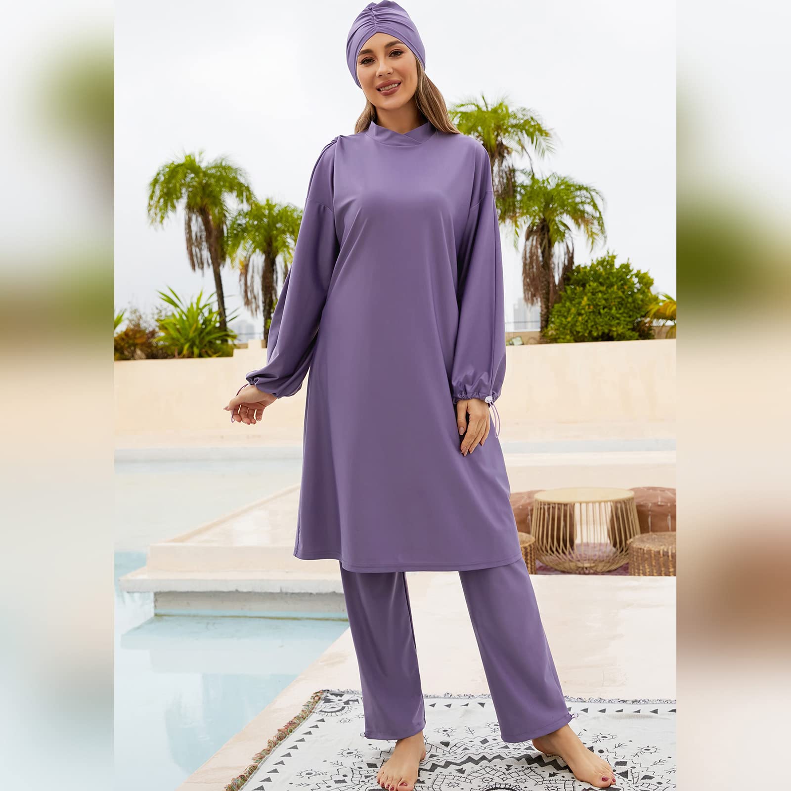 Odizli Burkini - Costume da bagno da donna musulmana a maniche lunghe + costume da bagno + cuffia da bagno, 3 pezzi