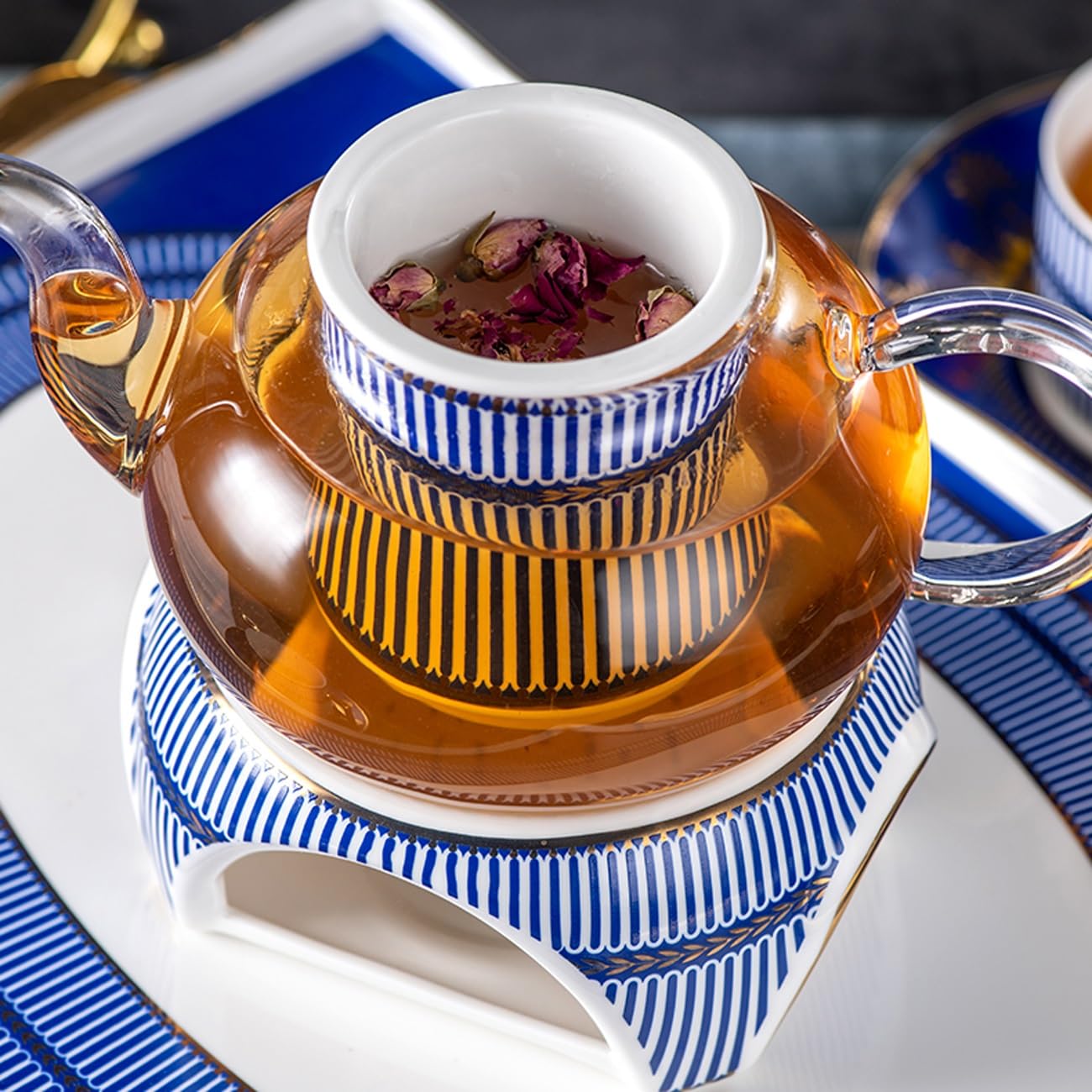 Zestaw do herbaty z porcelany kostnej z metalowym uchwytem, herbata kwiatowa, herbata owocowa, popołudniowa herbata, porcelanowe zestawy ze szklanym czajnikiem i podgrzewaczem, prezenty dla miłośnika