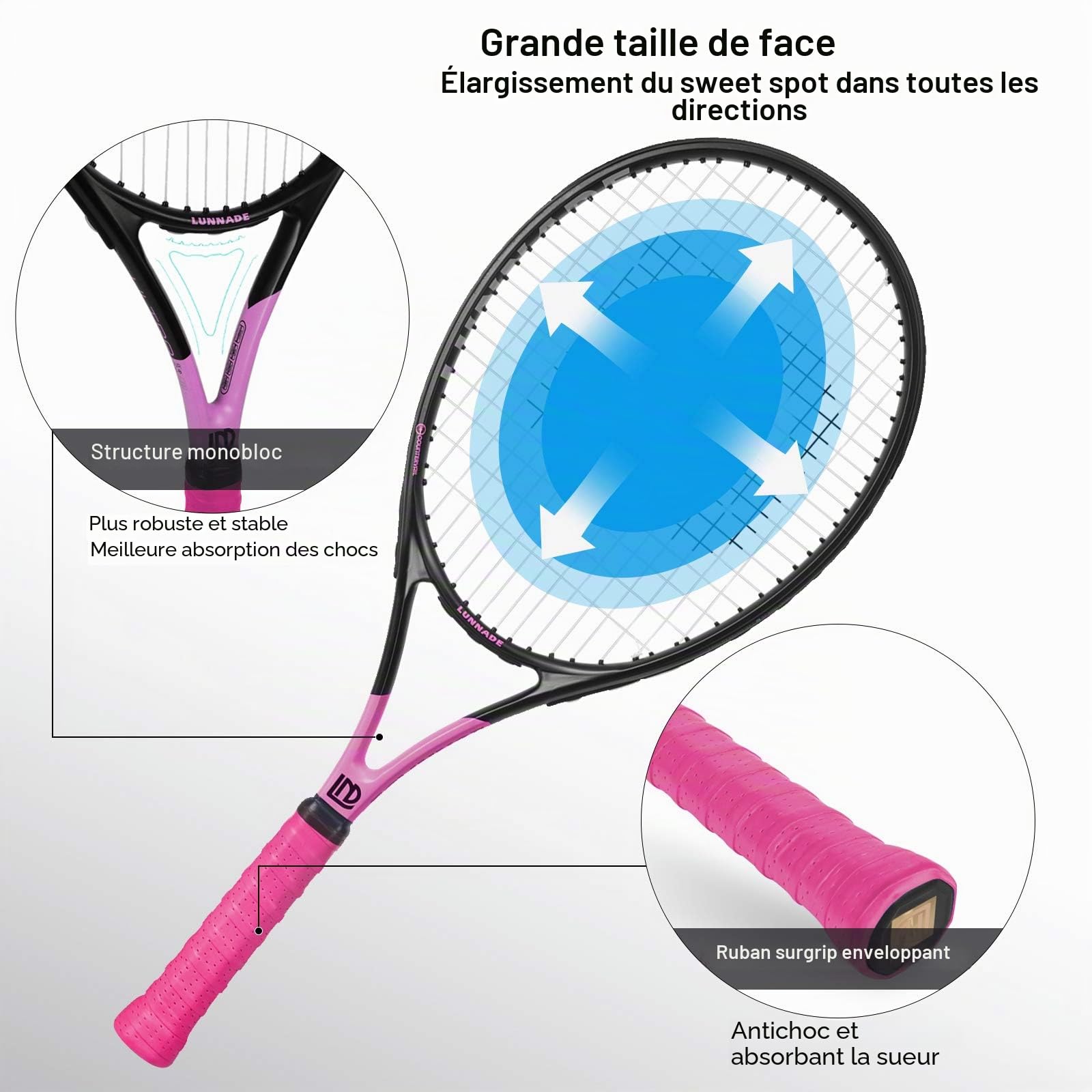 Raquette de Tennis Adulte 27 Pouces, Anti-Chocs en Fibre de Carbone, légère, précordée et regrip, Convient aux débutants et aux Joueurs intermédiaires