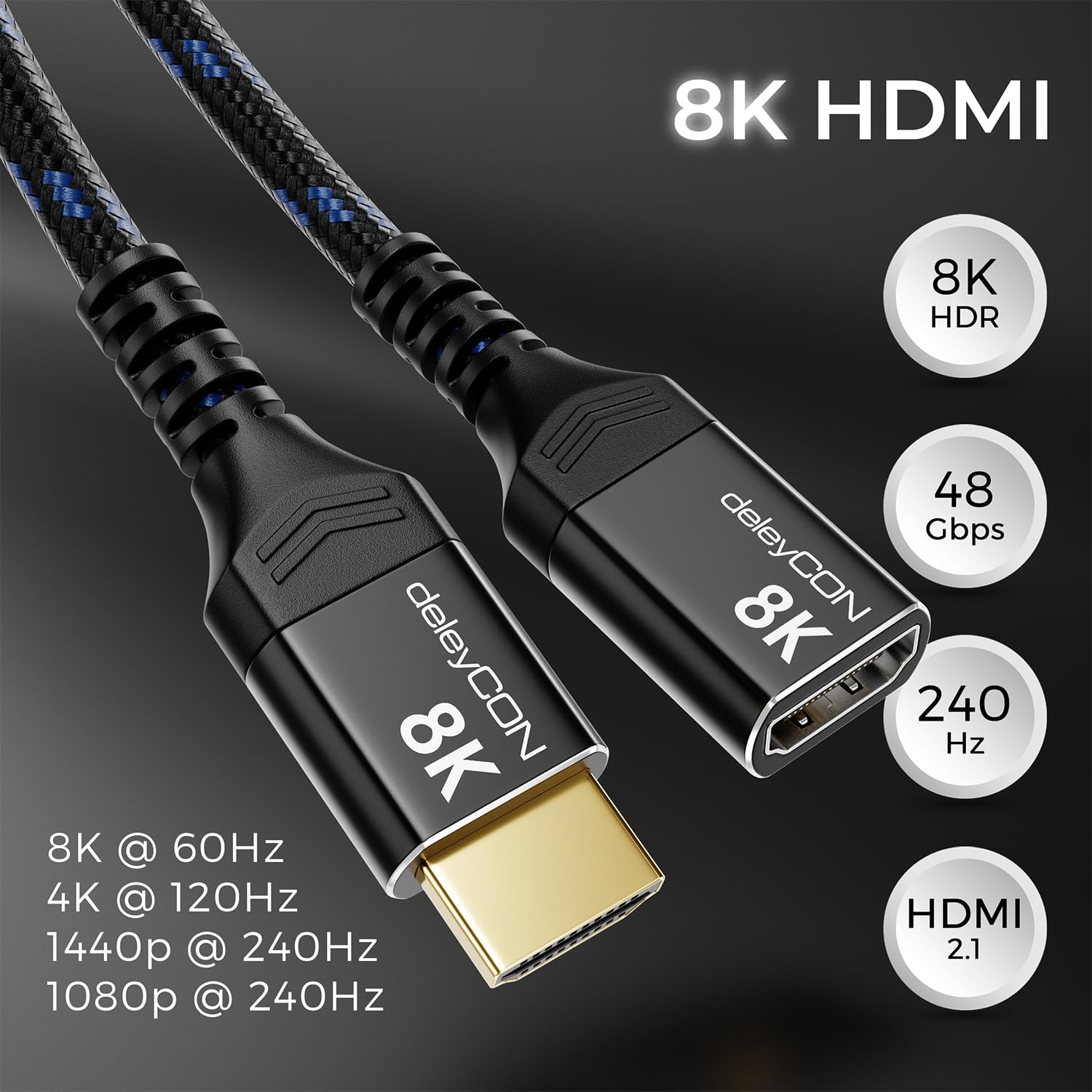 deleyCON 0,5m 8K Prolunga HDMI 2.1 - per TV, Monitor, PS4, PS5, Xbox, Soundbar Dolby Atmos eARC HDR10+ 48Gbps Accoppiatore Adattatore - 8K@60Hz, 4K@120Hz/144Hz, 2K@240Hz