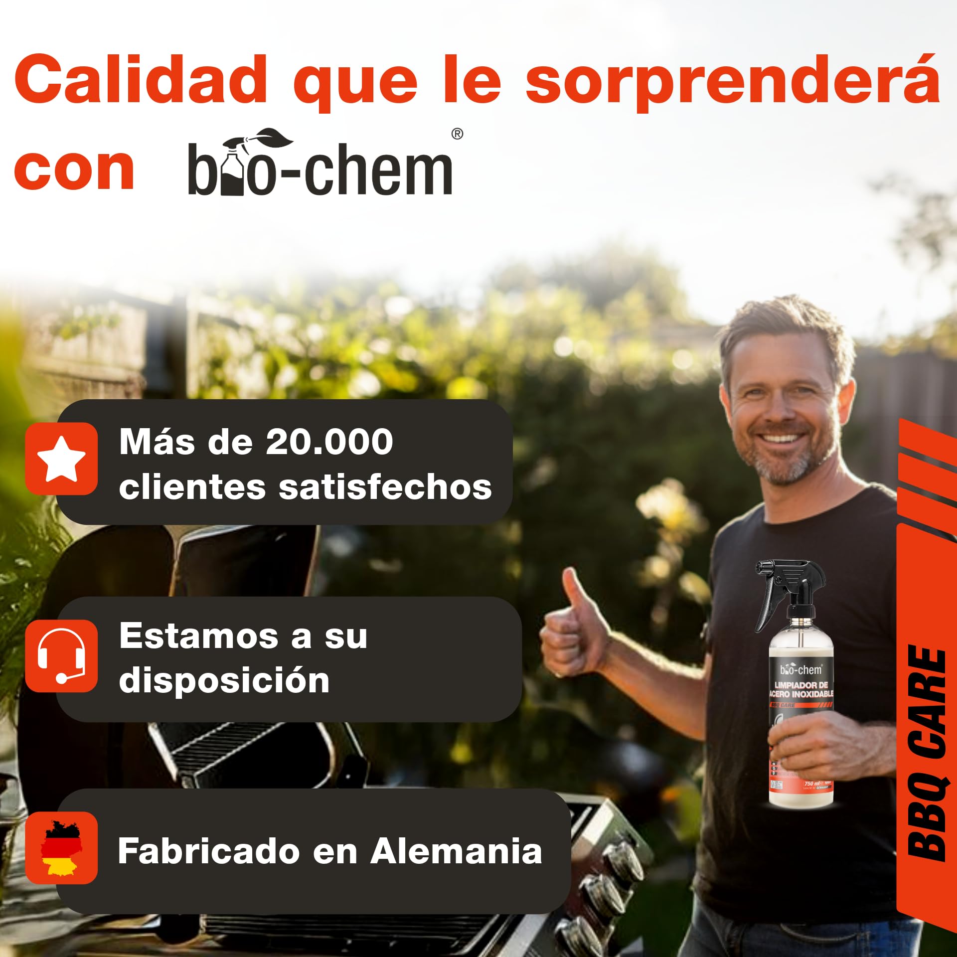 Bio-Chem - Kit Limpieza Barbacoa con pulverizador de Espuma 9 pz: Limpiador Resina 0,5L - Desengrasante Superficies BBQ 750ml - Spray per INOX 750ml - Spray di Aceite 200ml - con Accesorios