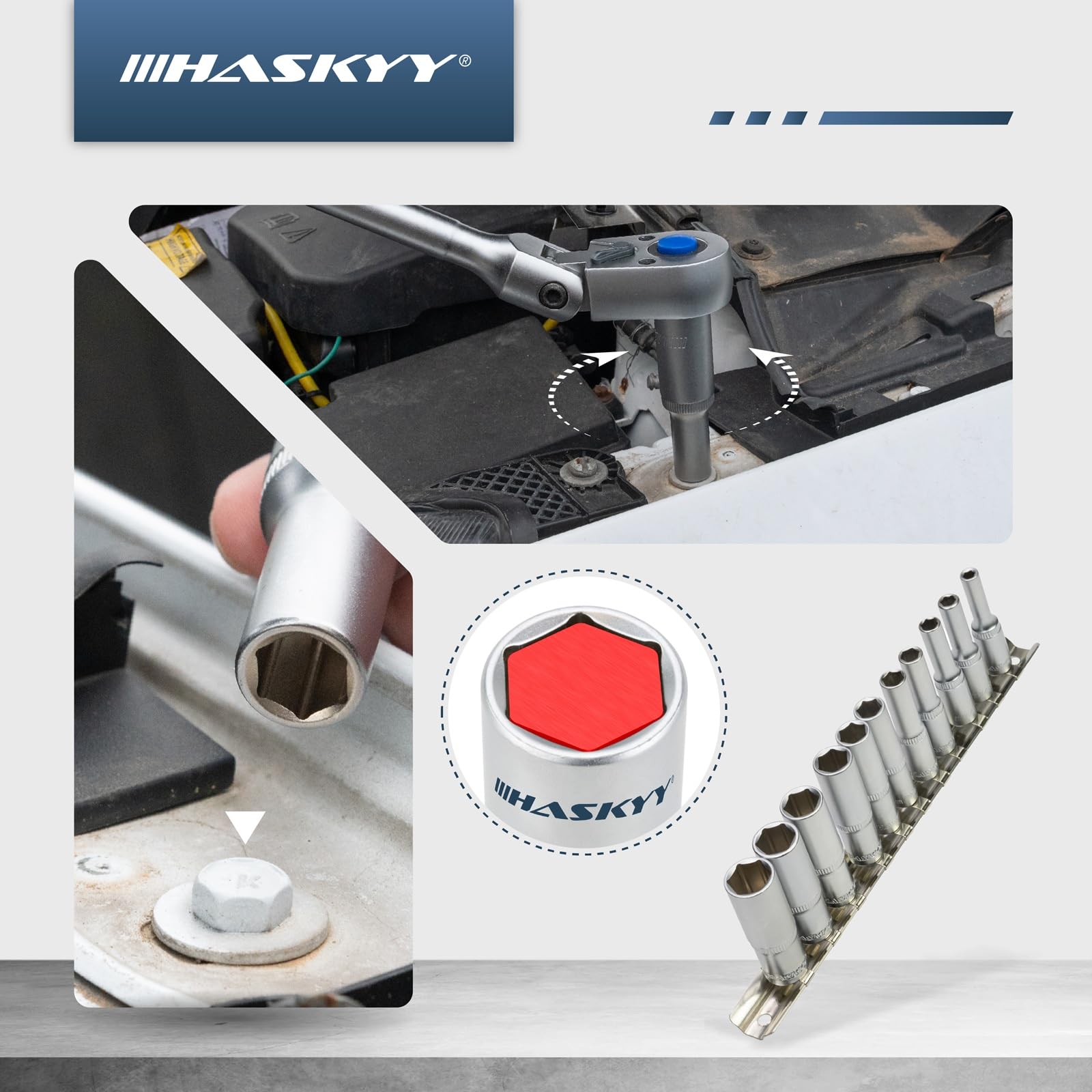 HASKYY Set di chiavi a bussola lunghe da 1/4", esagonali, 4 – 13 mm, set di dadi a 6 punti, Argento