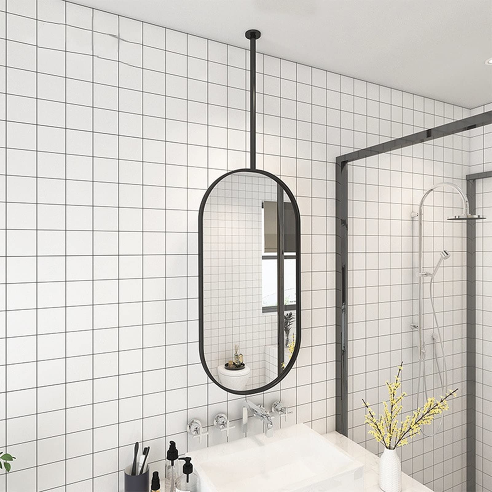 Specchio Decorativo Galleggiante da Appendere al Soffitto, Specchi da toeletta da Parete per Bagno con Cornice in Metallo Nero e Specchi da Barba per Trucco da Bagno con Boom - Ovale (Dimens
