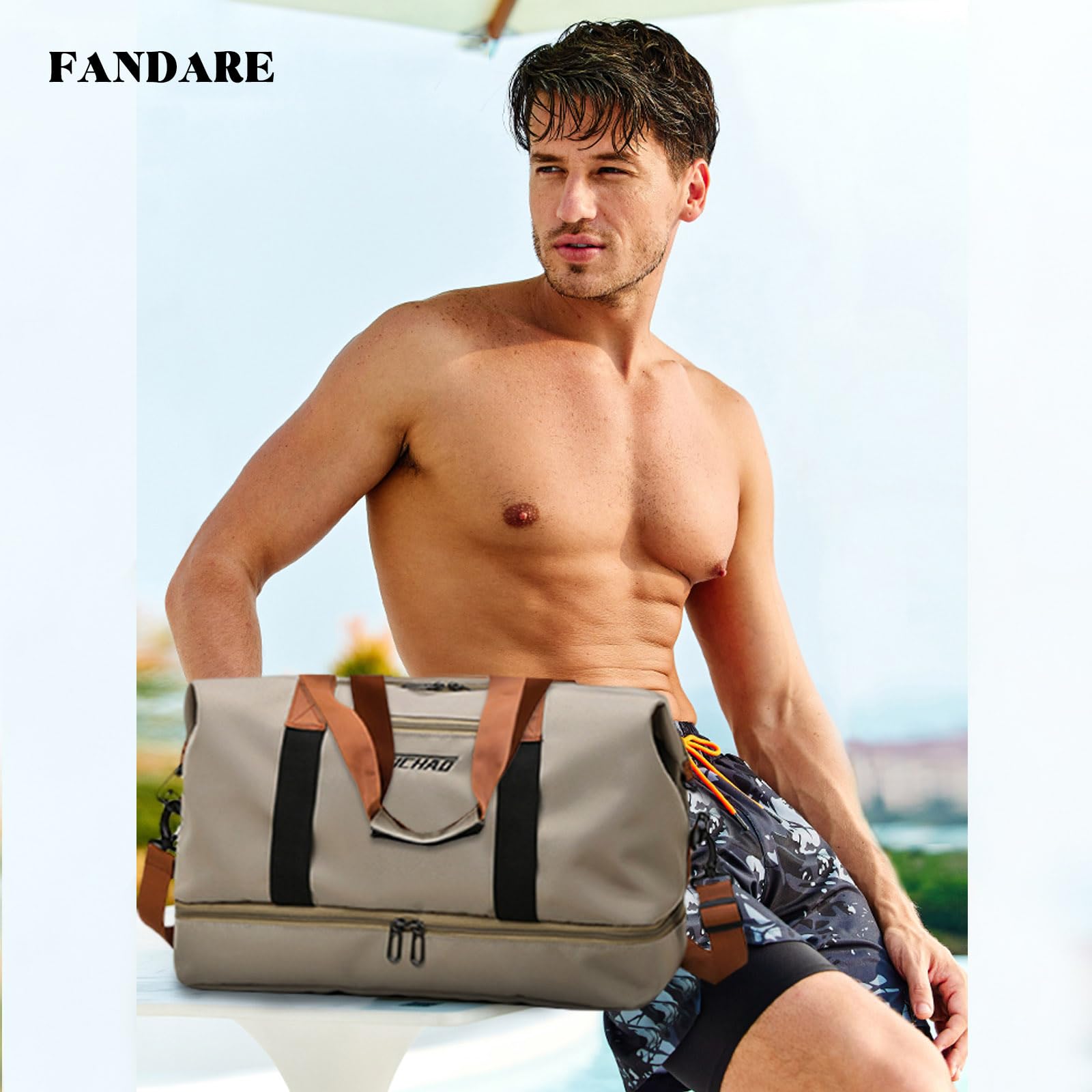 FANDARE Travel Handbag Sports Gym Bag Weekender Carry On Overnight Bags for Women Men Duffle bag Sport Workout Gym Swim Hospital Shoulder Bag with Luggage Sleeve & Shoe Compartment Khaki