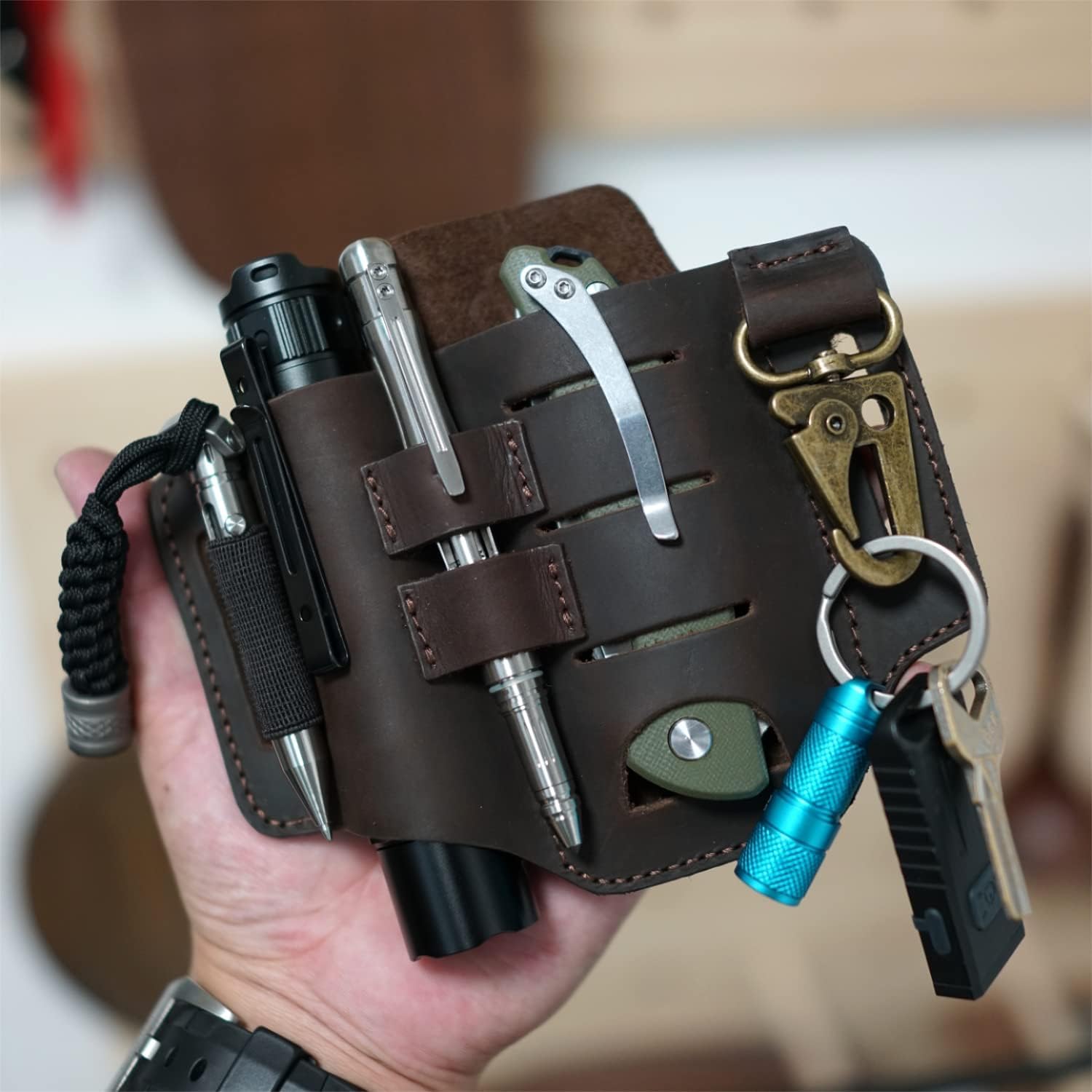 VIPERADE PJ16 Cuir EDC Sac Fourreau en Cuir Organisateur en Tactique Multi Porte-Outils Sac en avec Porte-clés pour Outils de Lampe de Poche Camping en Plein air (Brun)