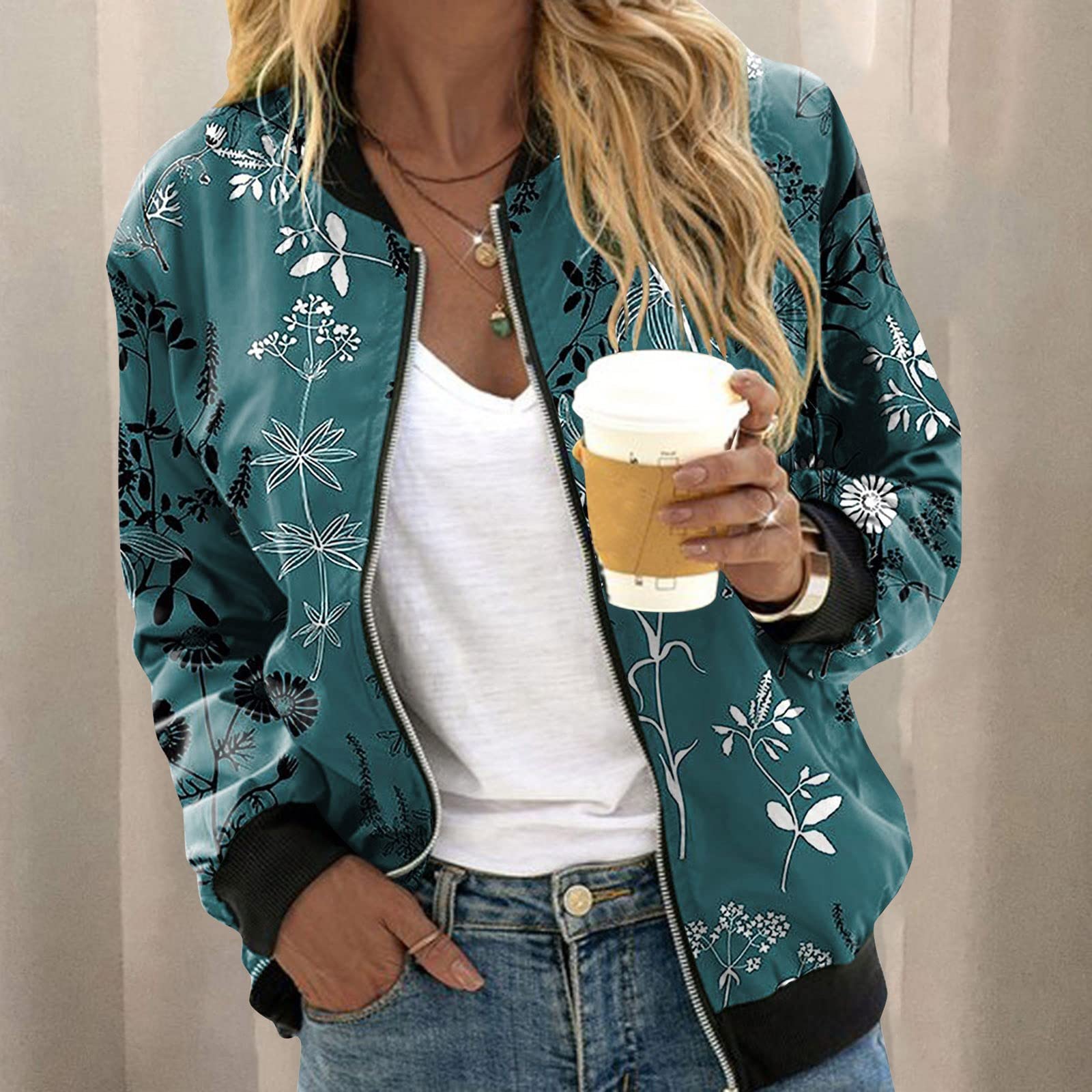 Blouson Bomber Femme Mode Manteau Slim Fit Biker Moto Zipper Court Fleur Imprimer Veste Chic Blouson Court S-XXL