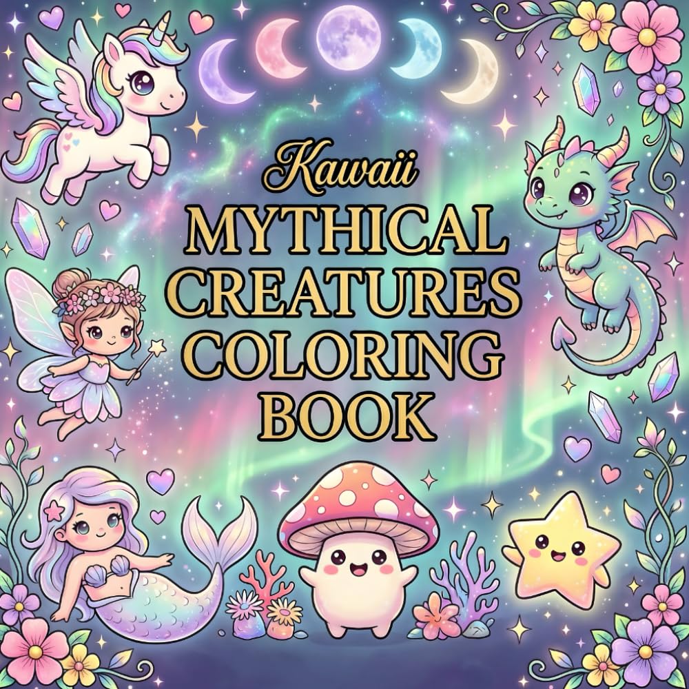 Kawaii Mythical Creatures Coloring Book: 60 Adorable Fantasy Animals for Kids and Adults – Cute Dragons, Unicorns, and Magical Beasts (Large Square 8.5x8.5)