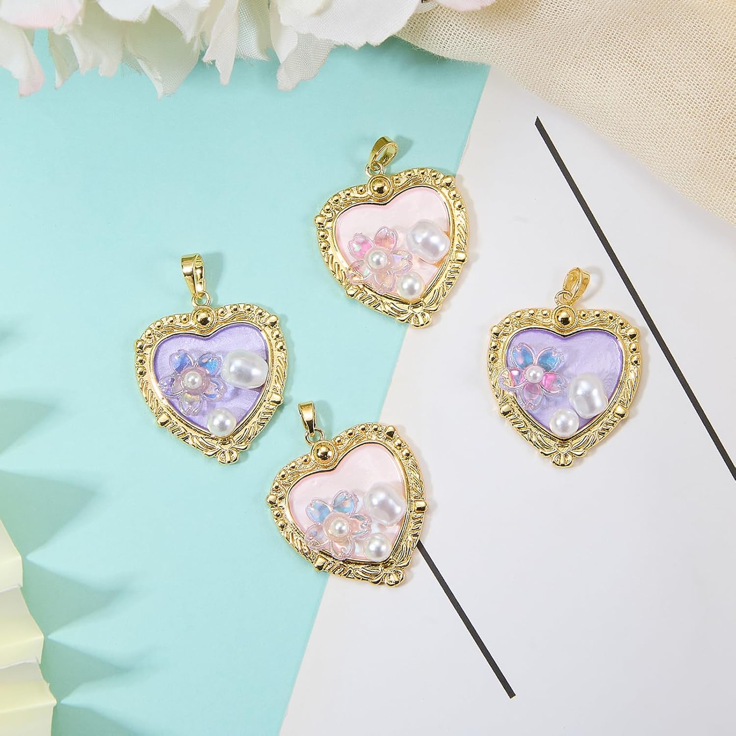 4Pcs Flower Heart Charms for Jewelry Making Brass Acrylic Pearl Enamel Charms Vintage Oil Painting Purple Pink Floral Pendants for Bracelet Earring Necklace - Image 3