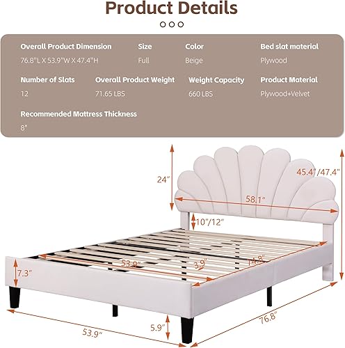 Miniatura 25 de DEINPPA Base de cama tapizada tamaño matrimonial con cabecera ajustable de flores elegantes, cama de plataforma de terciopelo con soporte de Bean