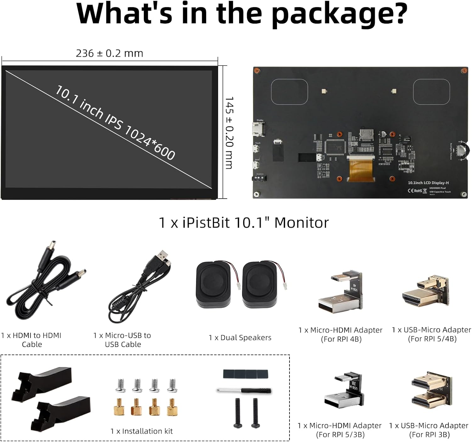 Raspberry Pi Screen, 10.1 Inch Touchscreen Monitor, IPS 1024×600, Dual Built-in Speakers, HDMI Portable Monitor Compatible with Raspberry Pi 5/4/3/Zero,Driver Free