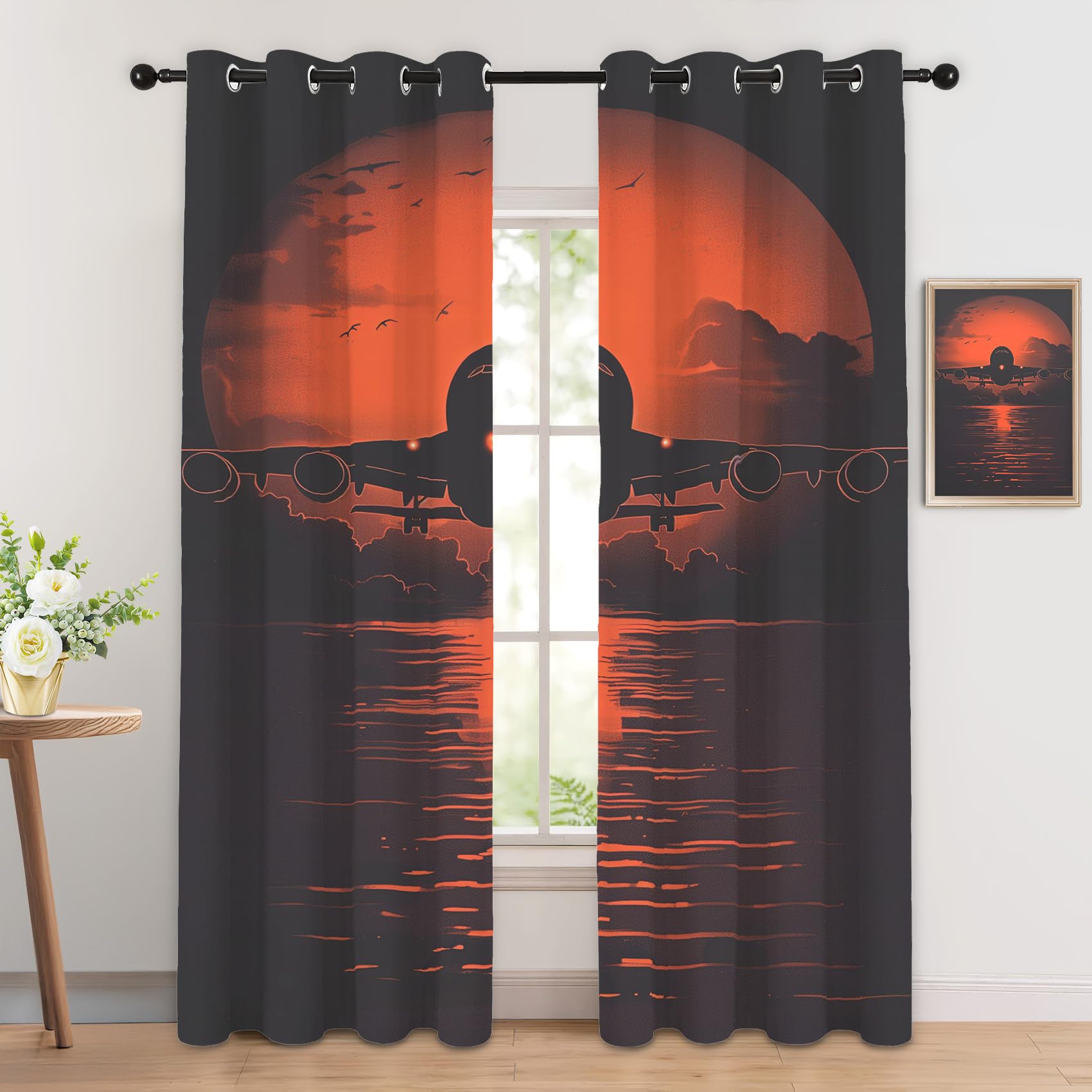 Luxfieo Airplane Blackout Curtains for Living Room Bedroom - 90 Inch Drop Curtains 46x90, Aircraft Sunset Aviation Flight Patterned Window Treatments, Thermal Eyelet Drapes 2 Panels