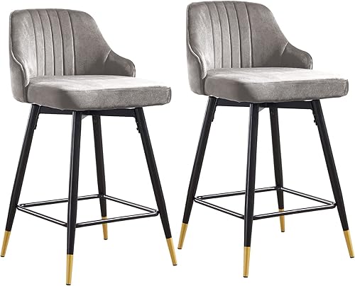 Juego de 2 taburetes de bar giratorios de altura de mostrador con respaldo bajo y cómodas sillas de bar, sillas de bar de terciopelo, patas de metal