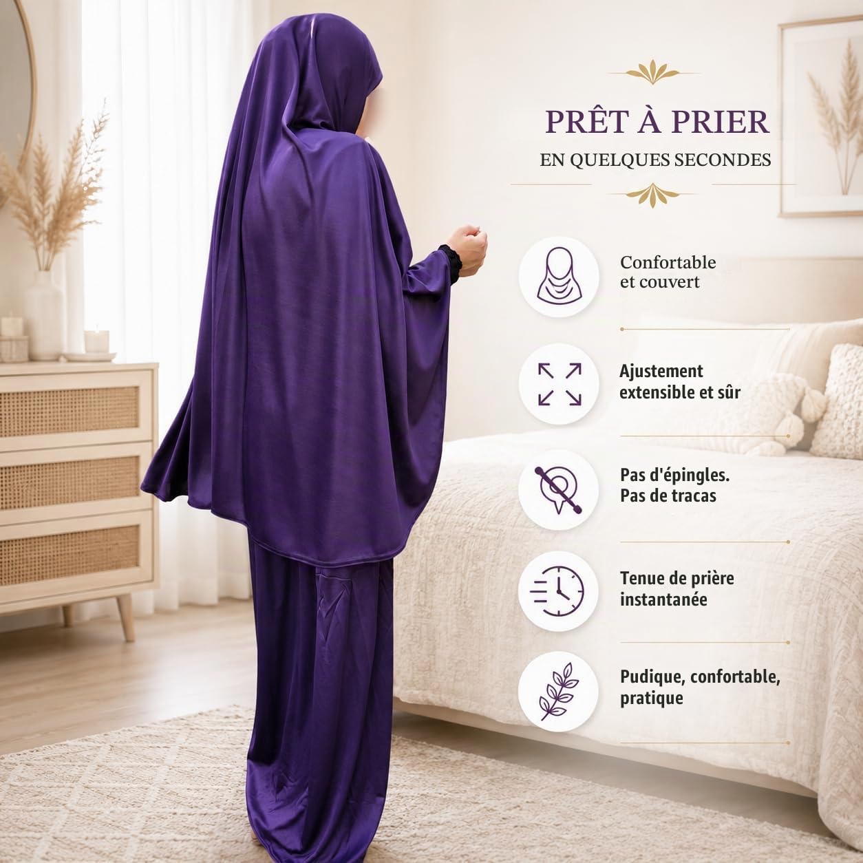 Inissia Ensemble de 2 pièces pour la prière, foulard Khimar et jupe en lycra extensible pour usage quotidien/maison/travail/voyage/hajj/umrah/mosquée/madrassa Taille unique