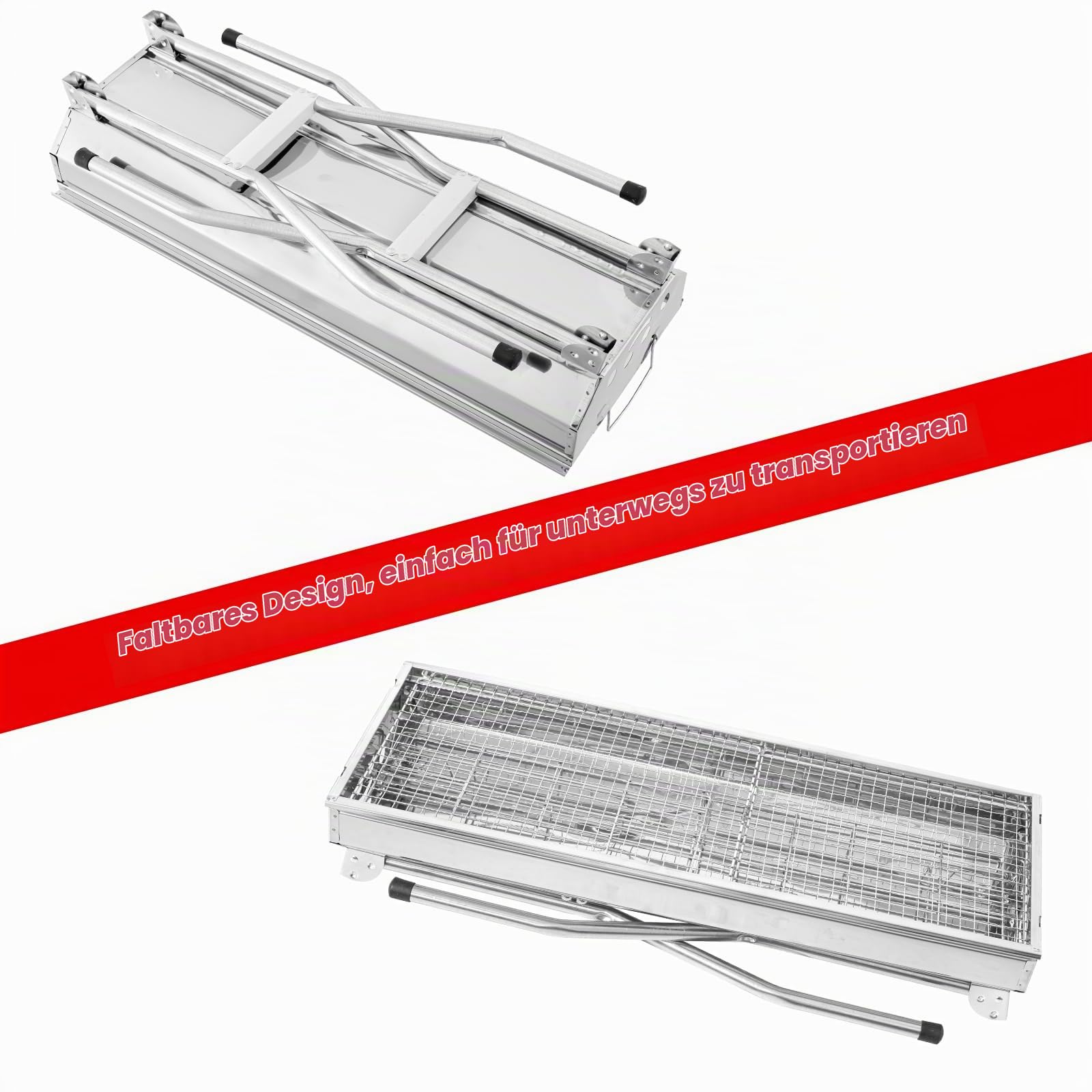 Holzkohlegrill Edelstahl Faltgrill Campinggrill 100 x 28x 76 cm, Outdoor Grill, Tragbar Kohlegrill für den Außenbereich für Grillpartys im Freien von 2-8 Personen