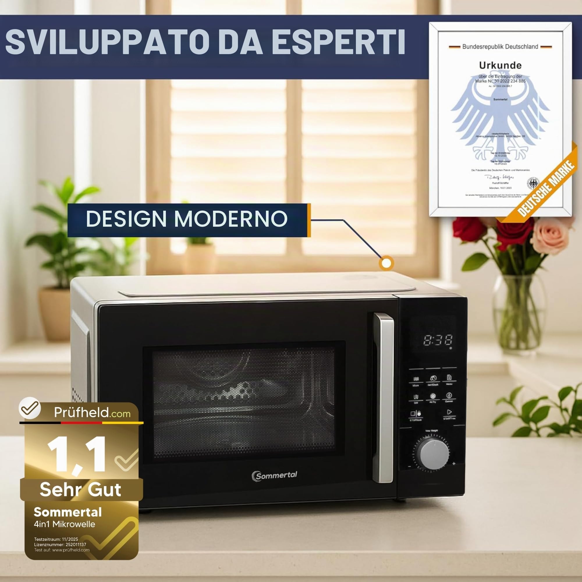Sommertal Microonde 4 in 1 MW2200 25L – Touch, grill, aria calda, 8 programmi, timer da 99 minuti, sicurezza per bambini, avvio rapido, ruggine, padella per crisp